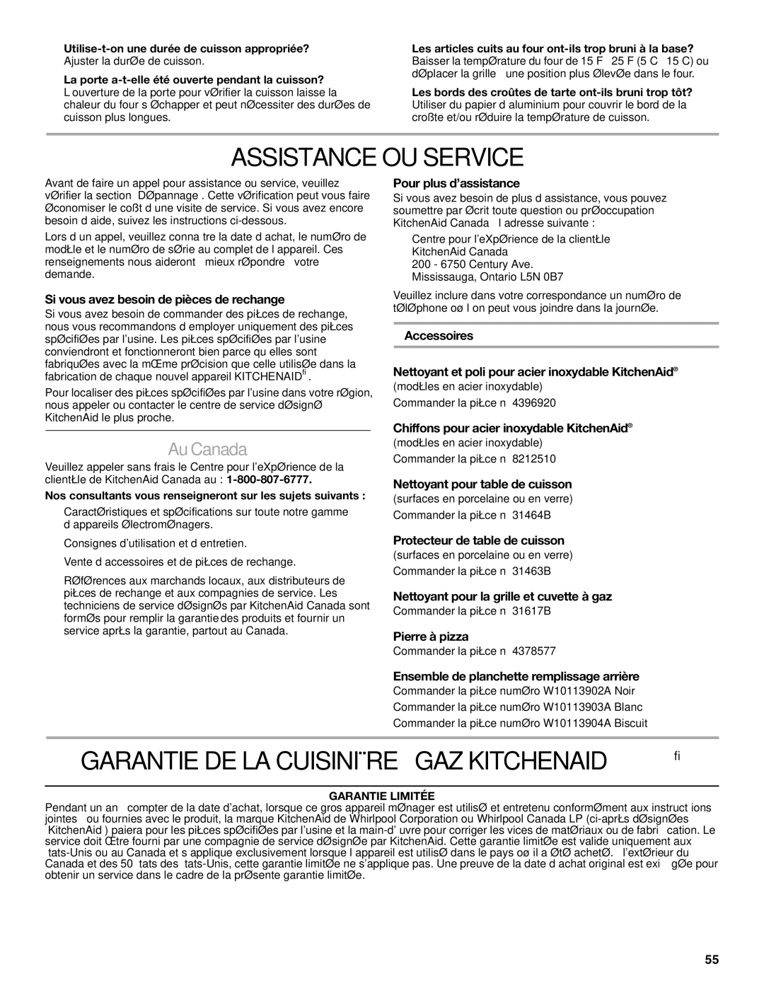 KitchenAid KGSK901, KGSS907 manual Assistance OU Service, Garantie DE LA Cuisinière À GAZ Kitchenaid, Au Canada 