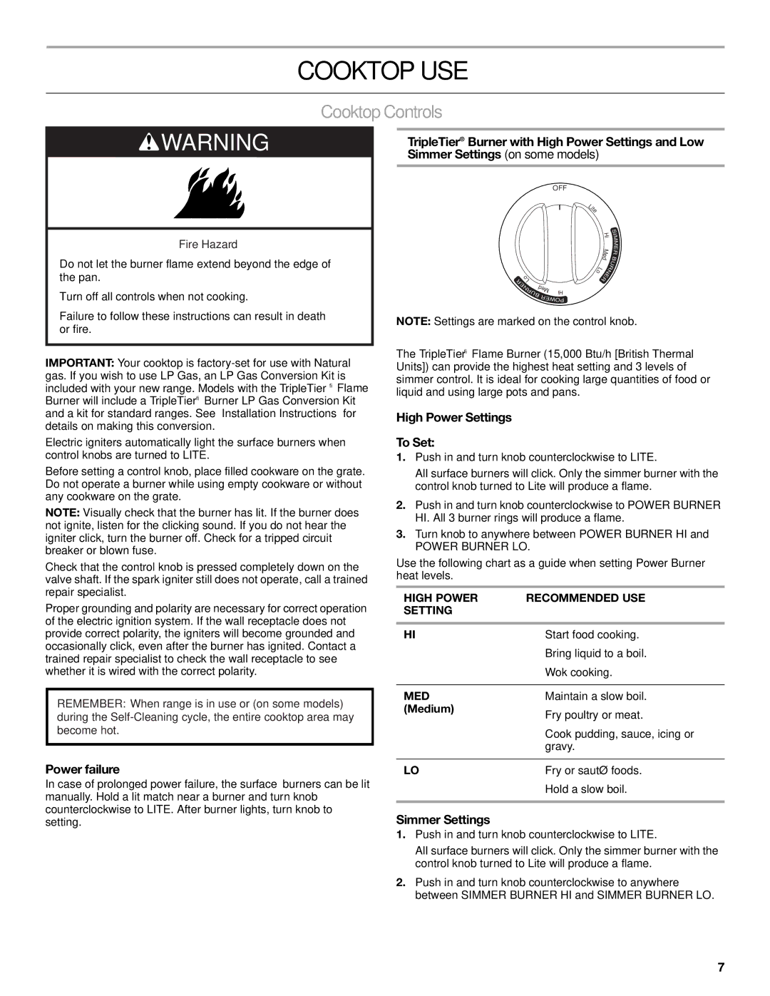 KitchenAid KGSK901, KGSS907 manual Cooktop USE, CooktopControls, High Power Settings To Set, Power failure, Simmer Settings 