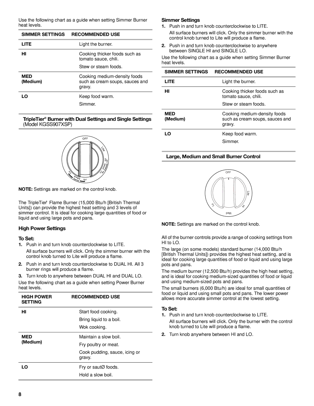 KitchenAid KGSS907 manual TripleTier Burner with Dual Settings and Single Settings, Large, Medium and Small Burner Control 