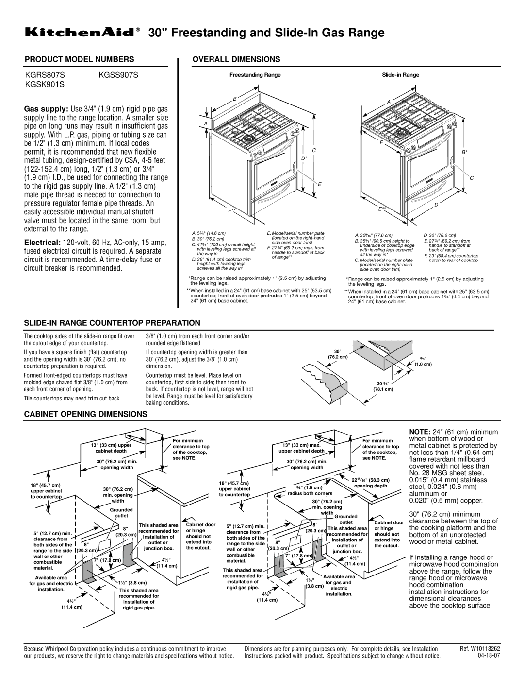 KitchenAid KGSK901S, KGSS907S dimensions Freestanding and Slide-In Gas Range, Product Model Numbers Overall Dimensions 