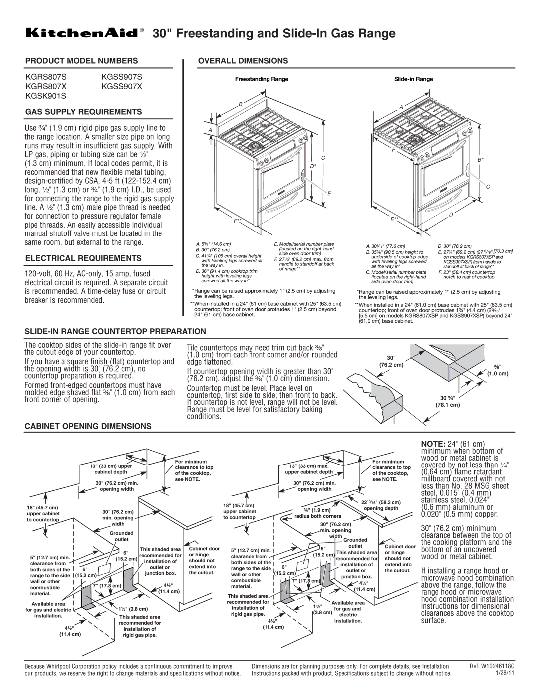 KitchenAid KGSS907X, KGSS907S, KGSK901S, KGRS807X, KGRS807S dimensions Freestanding and Slide-In Gas Range 