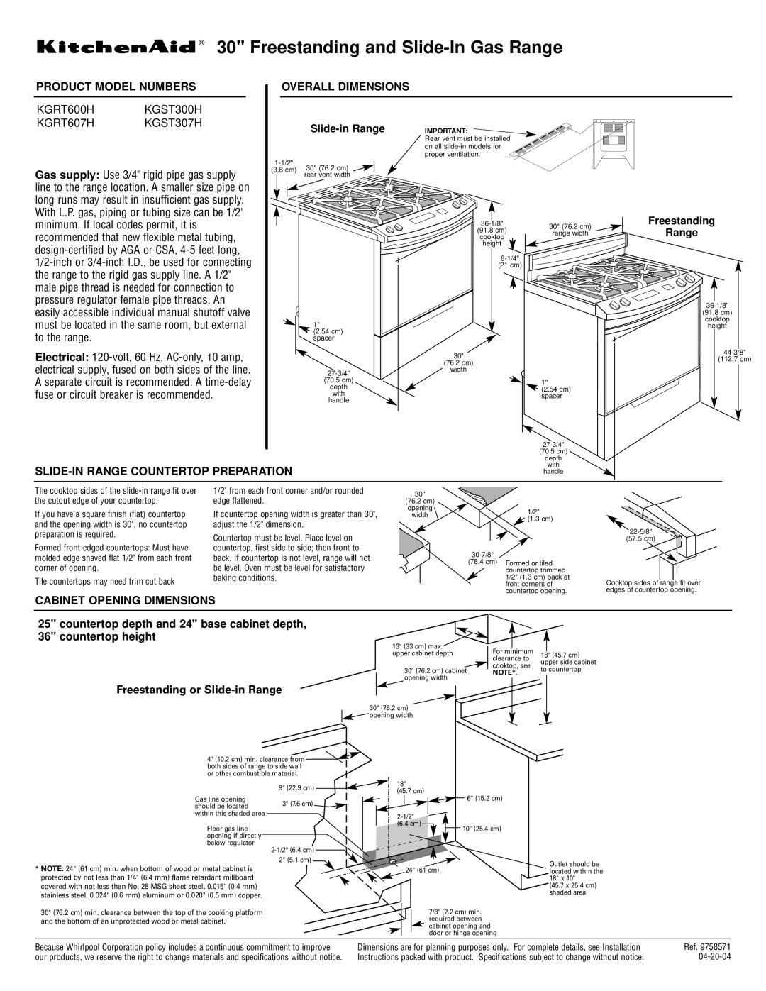 KitchenAid KGST307H, KGST300H dimensions Product Model Numbers Overall Dimensions, SLIDE-IN Range Countertop Preparation 