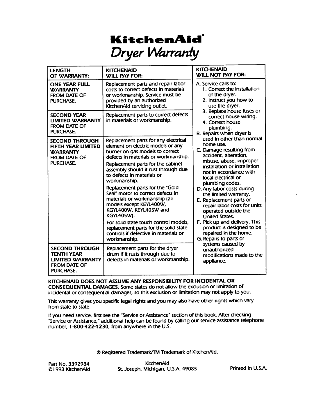 KitchenAid KEYL405W, KGYL405W manual 