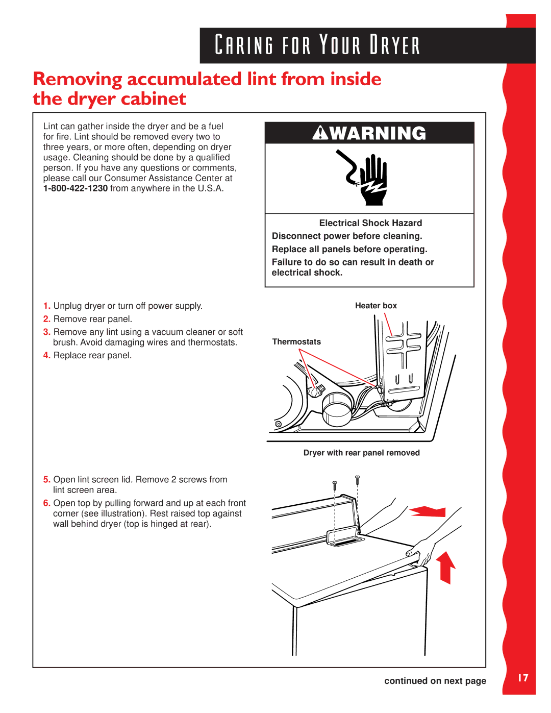 KitchenAid KGYS777E, KGYS677E, KEYS777E, KEYS677E warranty Removing accumulated lint from inside the dryer cabinet, On next 