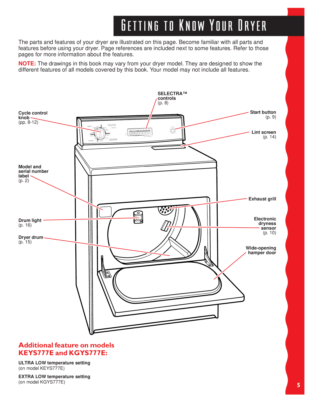 KitchenAid KGYS677E warranty T t i n g t o K n o w Y o u r D r y e r, Additional feature on models KEYS777E and KGYS777E 