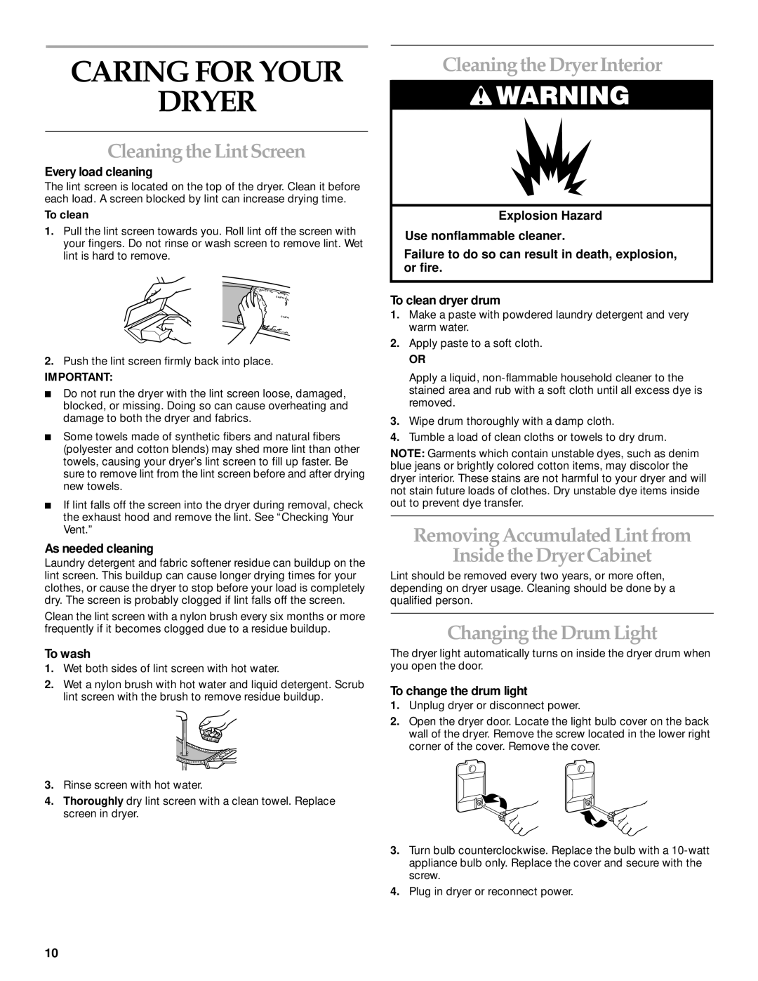 KitchenAid KEYS750J Caring for Your Dryer, Cleaning the Lint Screen, Cleaning the Dryer Interior, Changing the Drum Light 