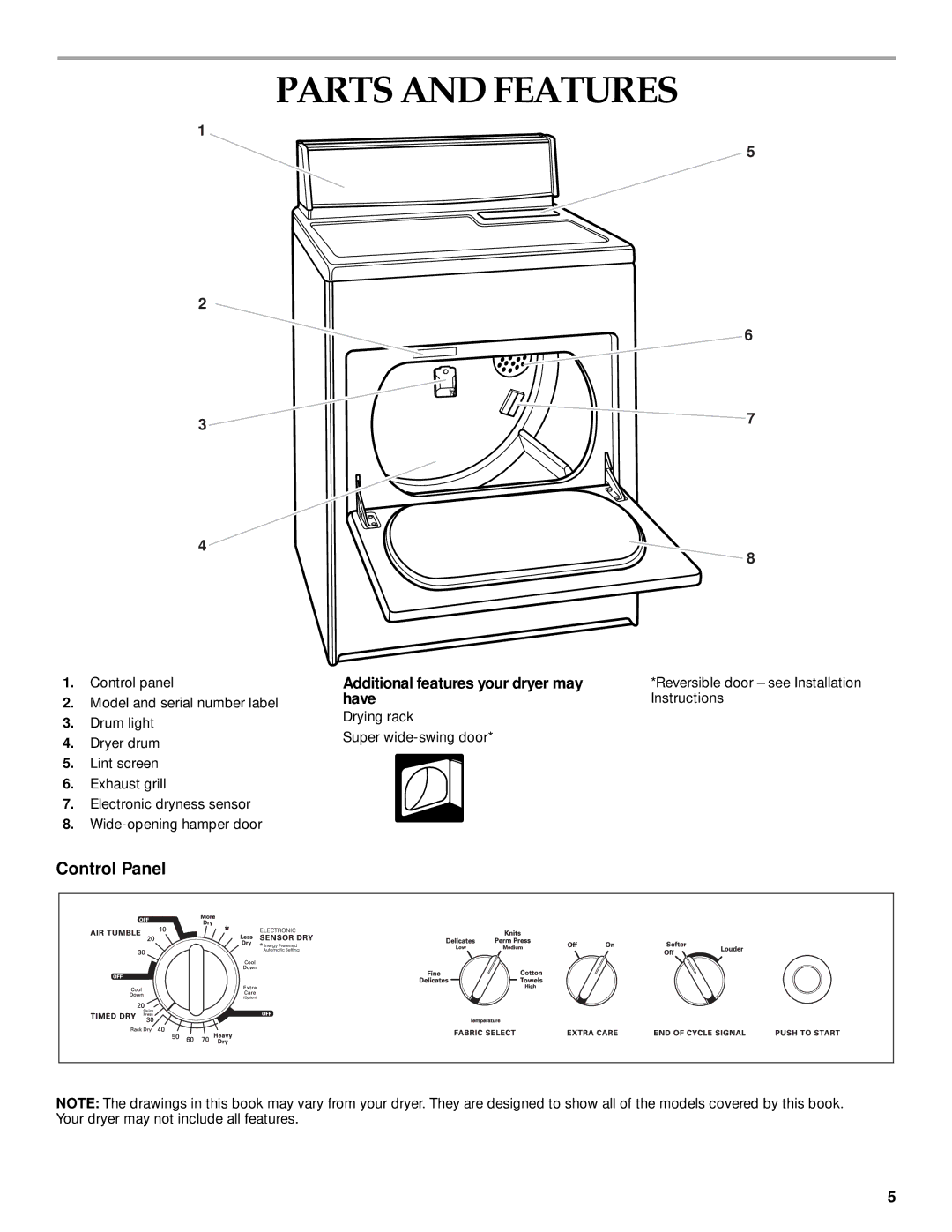 KitchenAid KEYS850J, KGYS850J, KEYS750J, KEYS700J manual Parts and Features, Additional features your dryer may, Have 