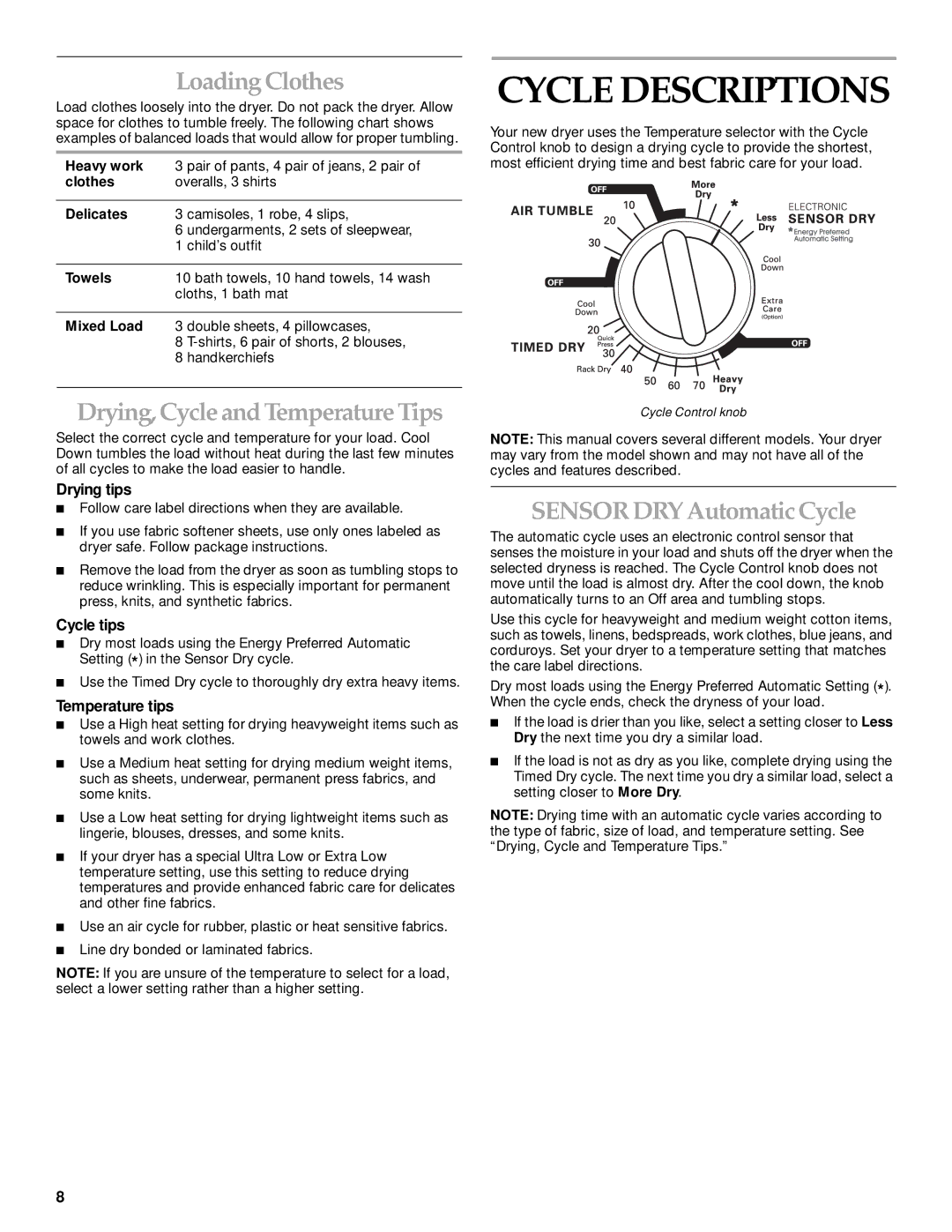 KitchenAid KGYS850J Cycle Descriptions, Loading Clothes, Drying, Cycle and Temperature Tips, Sensordry Automatic Cycle 