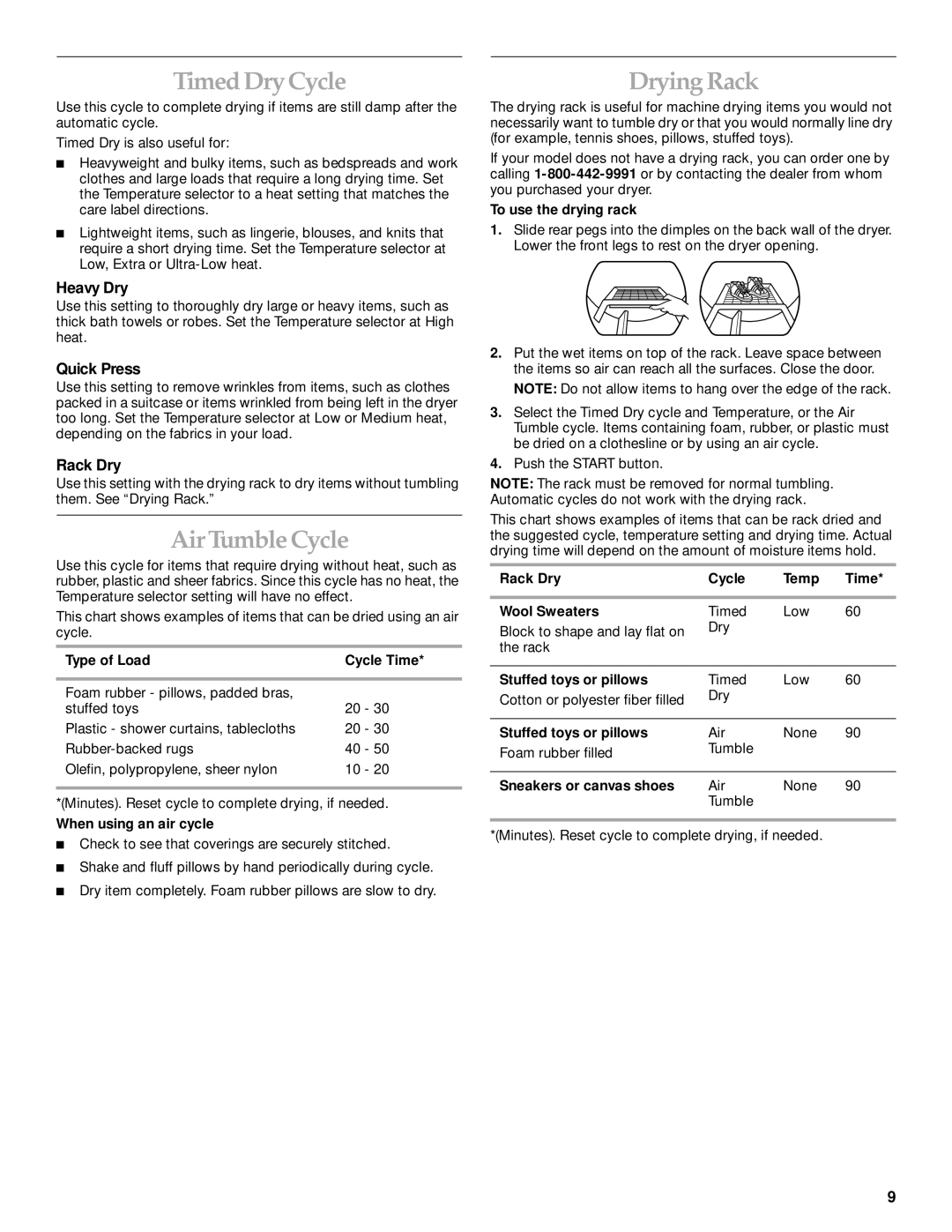 KitchenAid KEYS850J, KGYS850J, KEYS750J, KEYS700J manual Timed Dry Cycle, Air Tumble Cycle, Drying Rack 