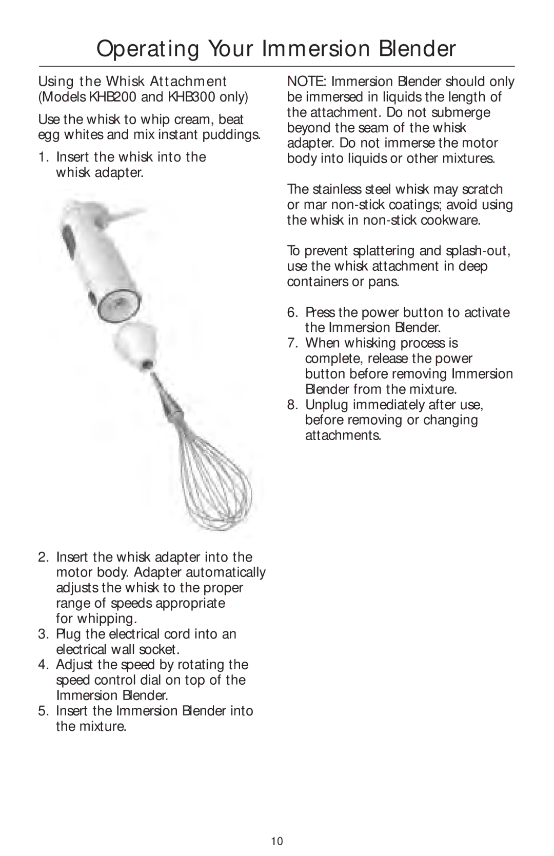 KitchenAid KHB100 manual Using the Whisk Attachment Models KHB200 and KHB300 only 