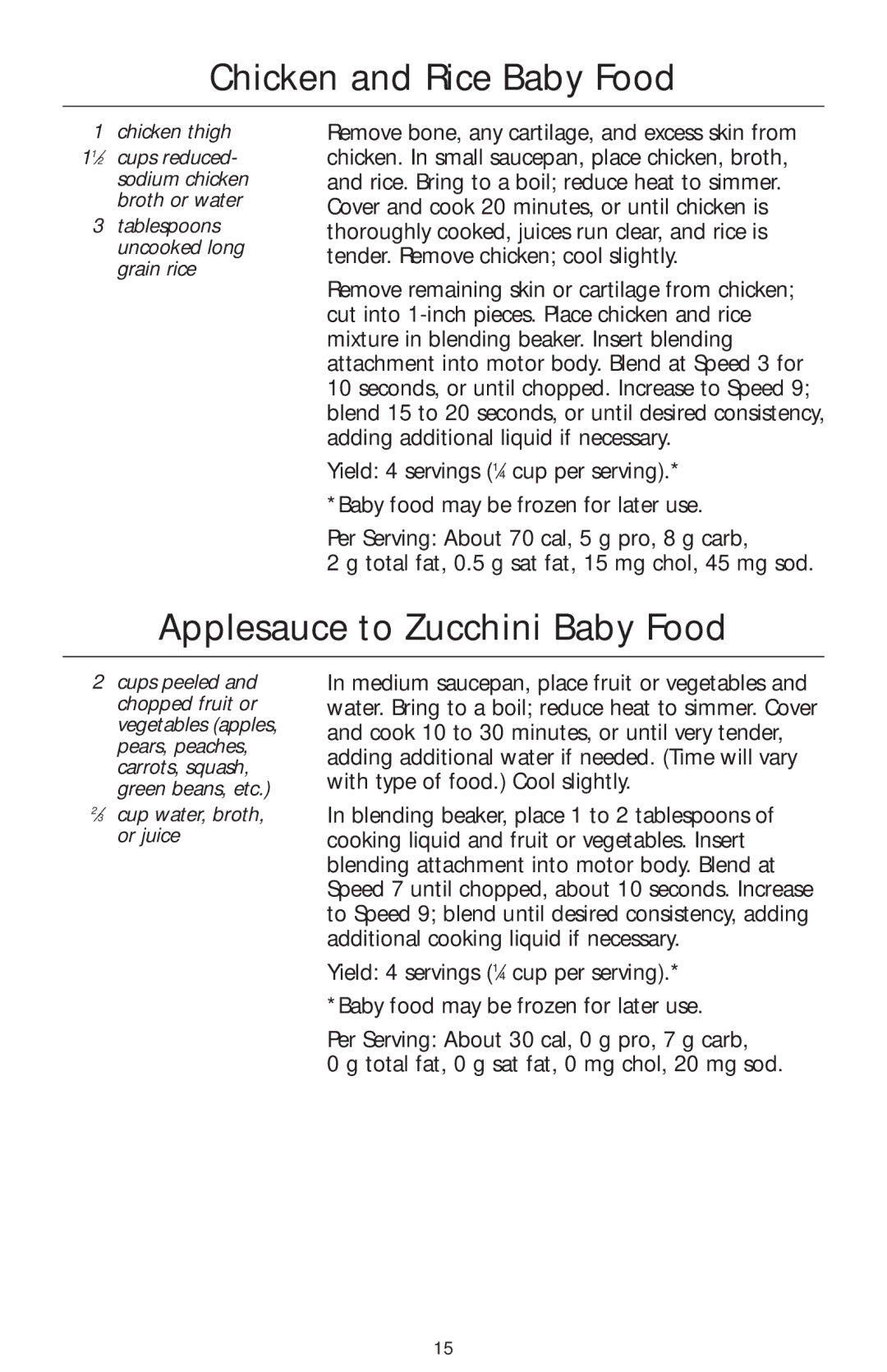 KitchenAid KHB300, KHB100, KHB200 manual Chicken and Rice Baby Food, Applesauce to Zucchini Baby Food 