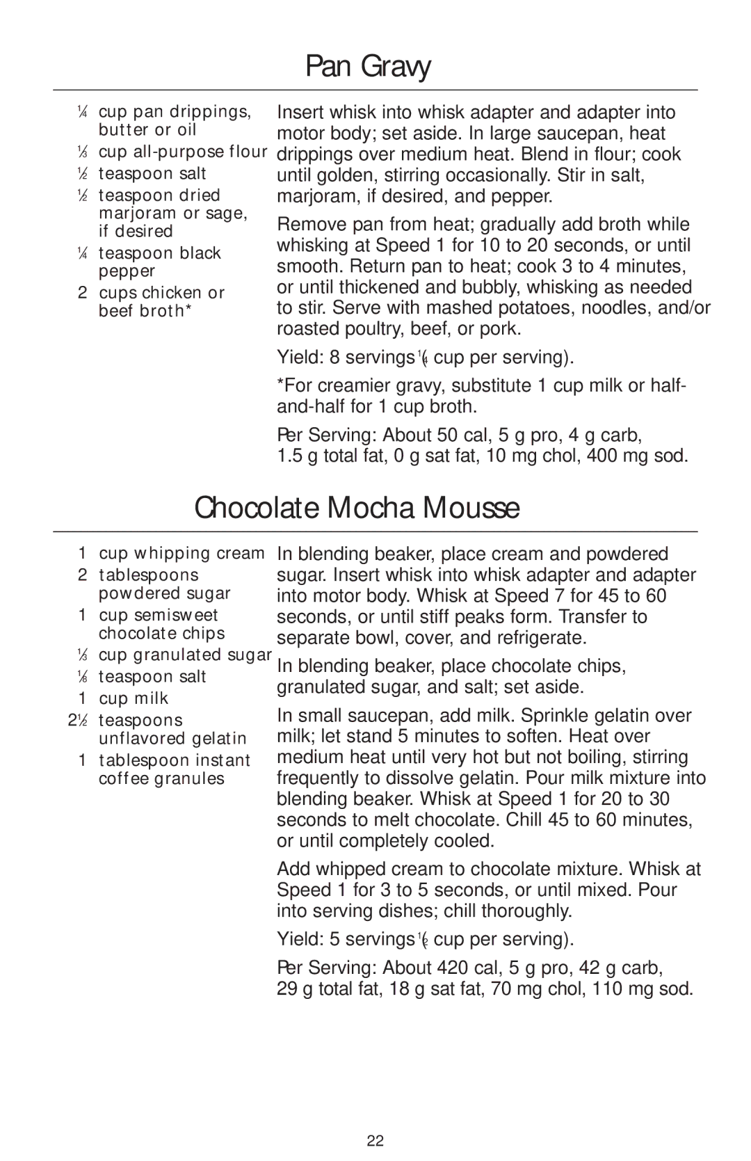 KitchenAid KHB100, KHB200, KHB300 manual Pan Gravy, Chocolate Mocha Mousse 