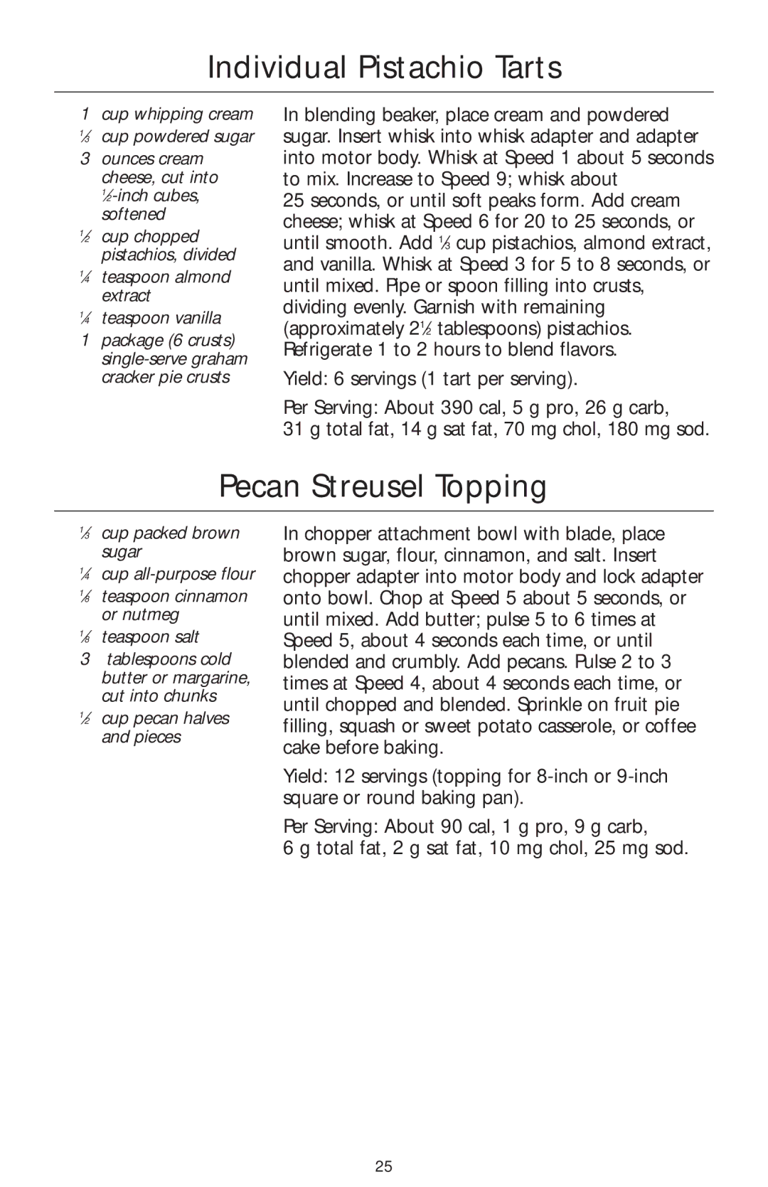 KitchenAid KHB100, KHB200, KHB300 manual Individual Pistachio Tarts, Pecan Streusel Topping 