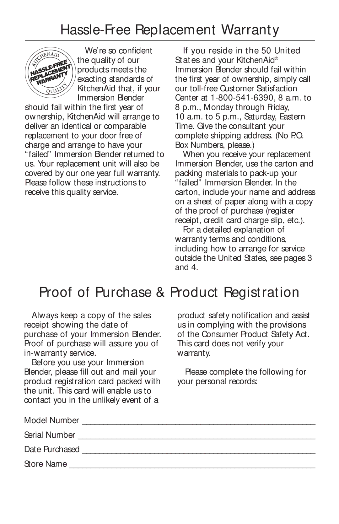 KitchenAid KHB300, KHB100, KHB200 manual Hassle-Free Replacement Warranty, Proof of Purchase & Product Registration 