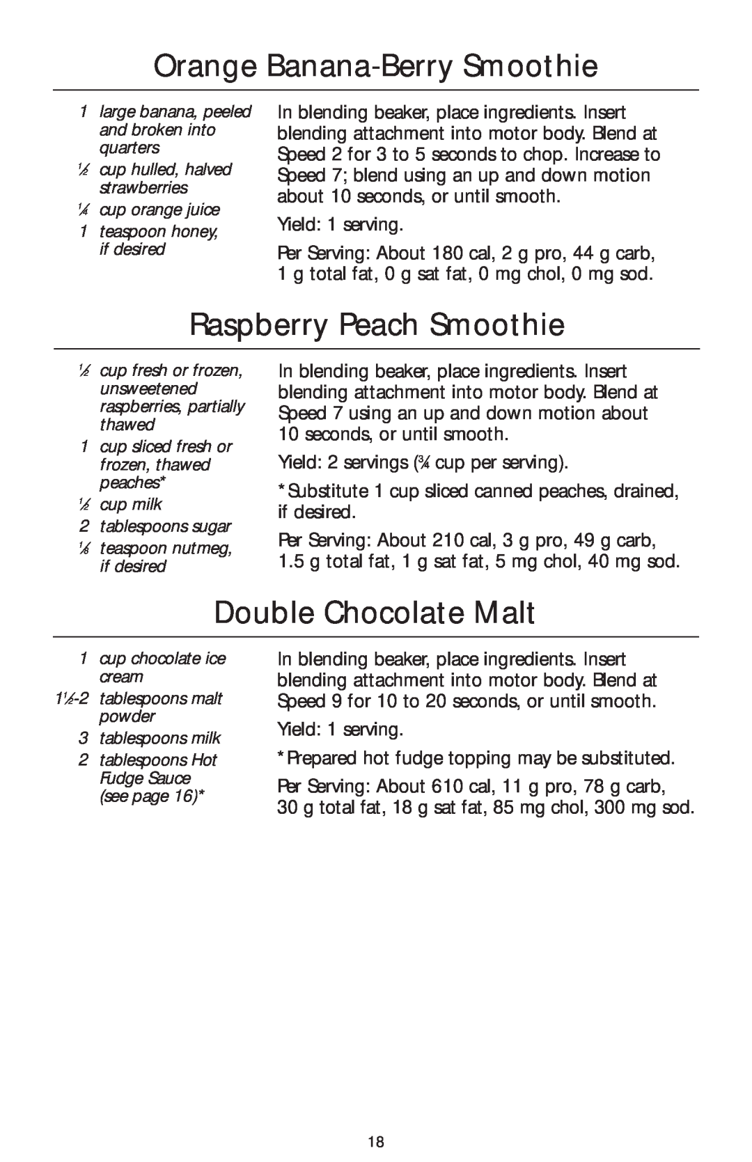 KitchenAid KHB300, KHB100, KHB200 manual Orange Banana-Berry Smoothie, Raspberry Peach Smoothie, Double Chocolate Malt 