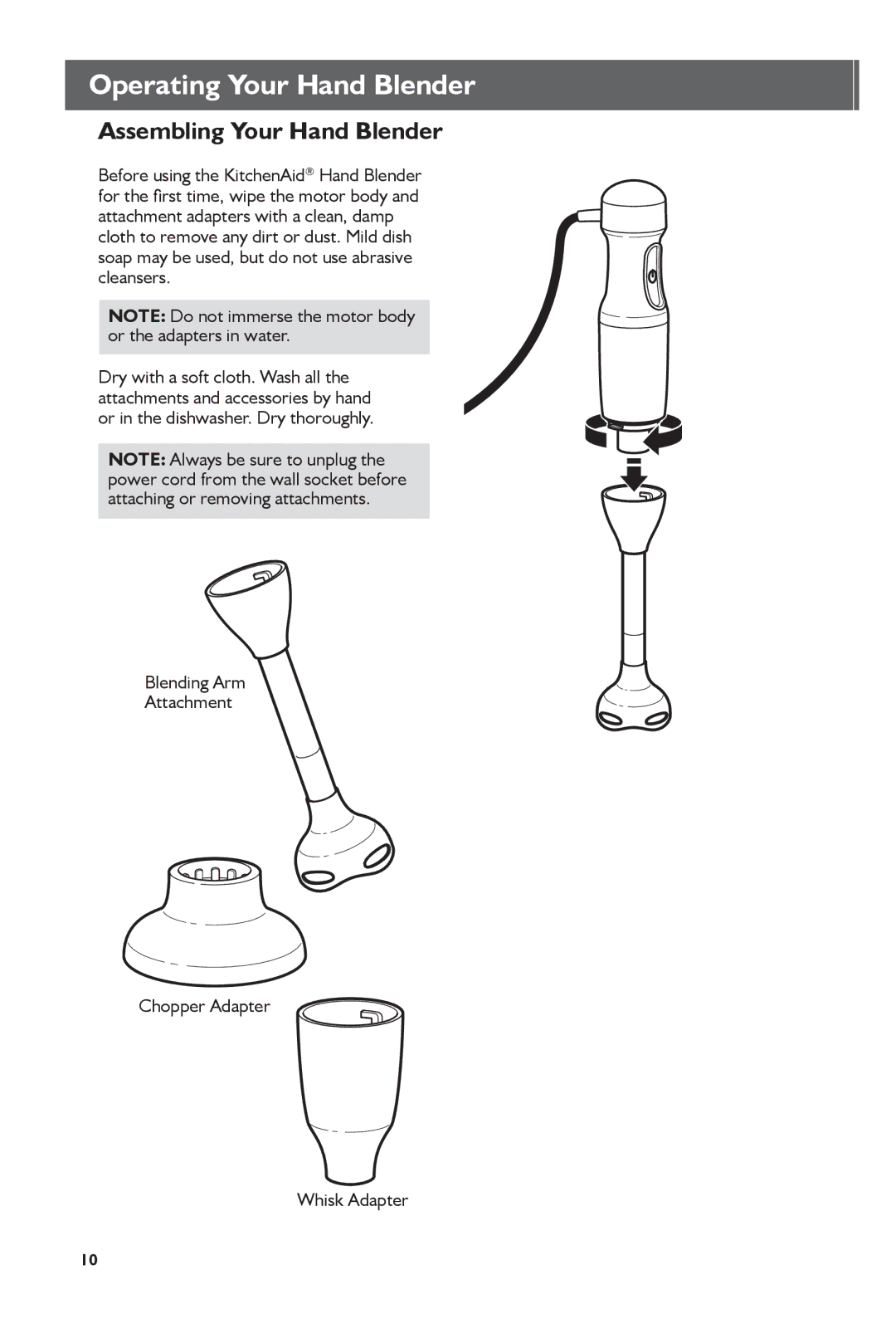 KitchenAid KHB2351, KHB1231 manual Operating Your Hand Blender, Assembling Your Hand Blender 