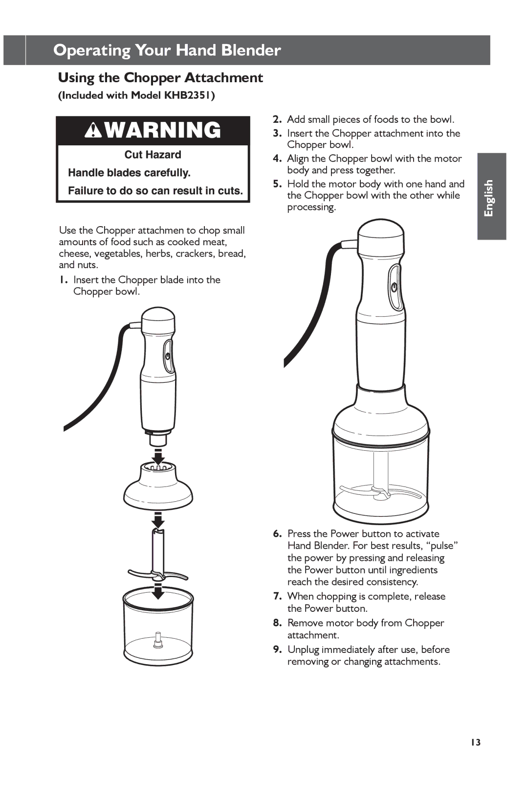 KitchenAid KHB1231, KHB2351 manual Using the Chopper Attachment 