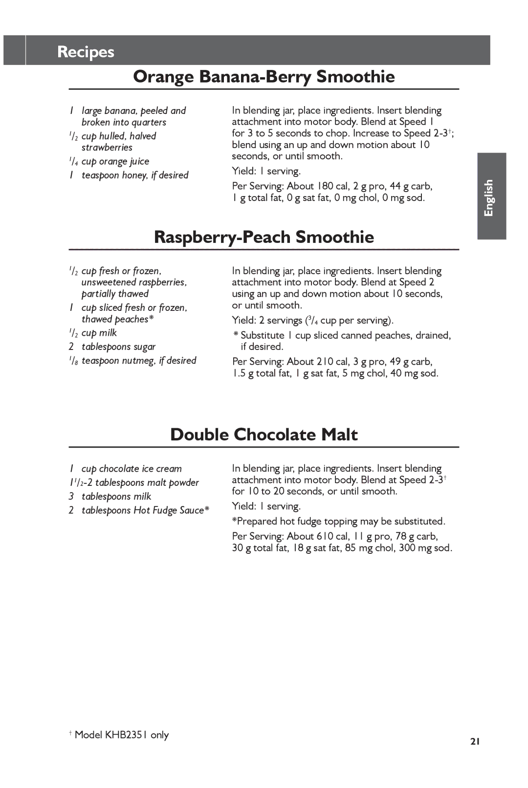 KitchenAid KHB1231, KHB2351 manual Orange Banana-Berry Smoothie, Raspberry-Peach Smoothie, Double Chocolate Malt 