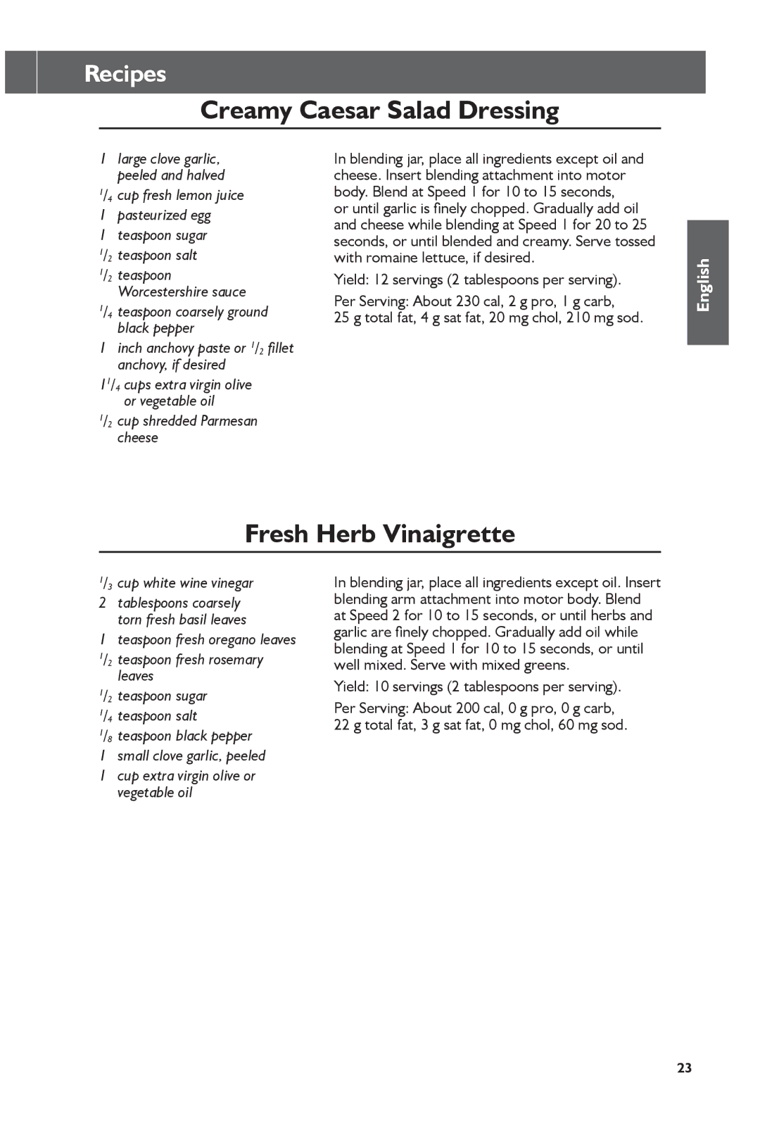 KitchenAid KHB1231, KHB2351 Creamy Caesar Salad Dressing, Fresh Herb Vinaigrette, Cup fresh lemon juice Pasteurized egg 