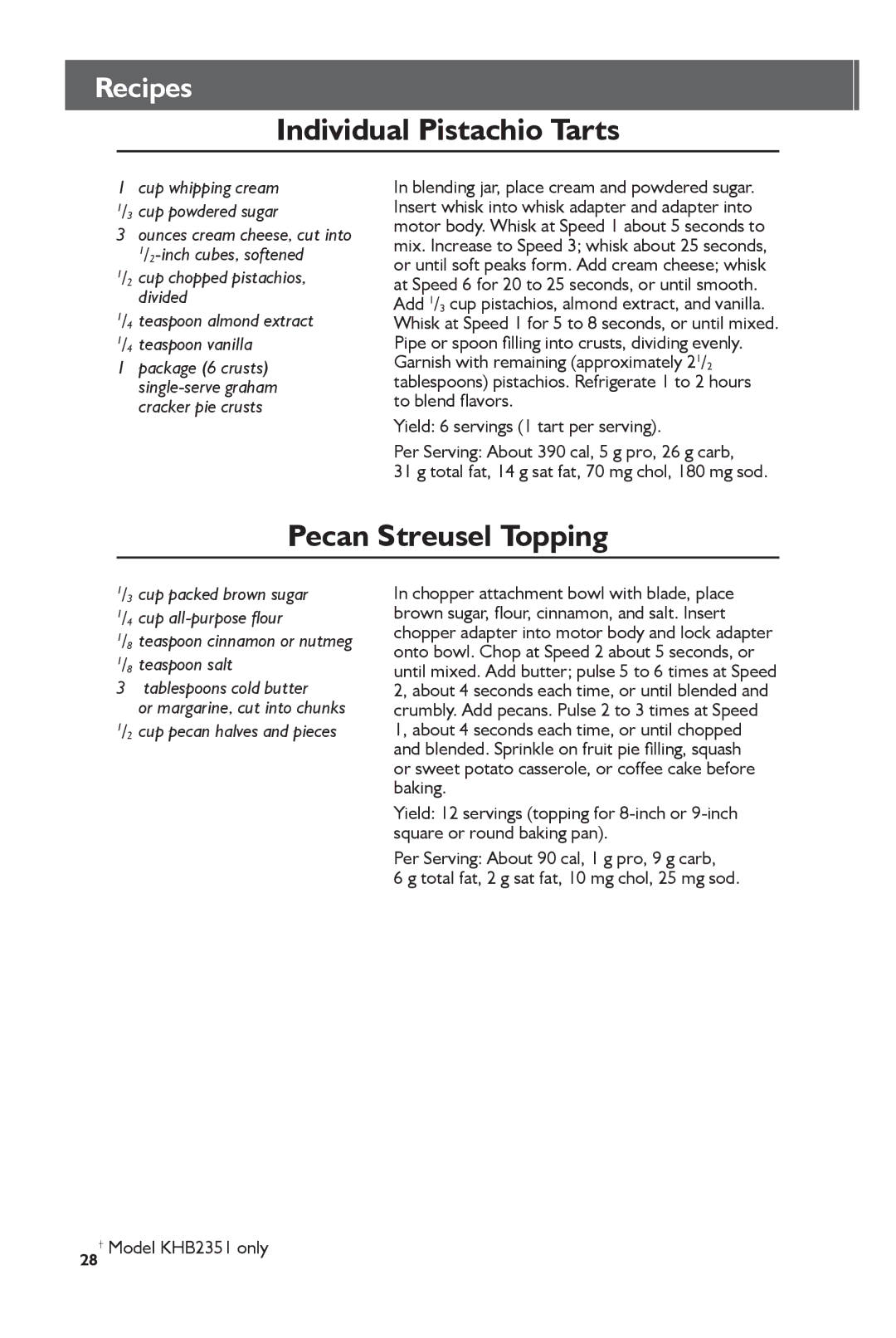 KitchenAid KHB2351, KHB1231 manual Individual Pistachio Tarts, Pecan Streusel Topping 