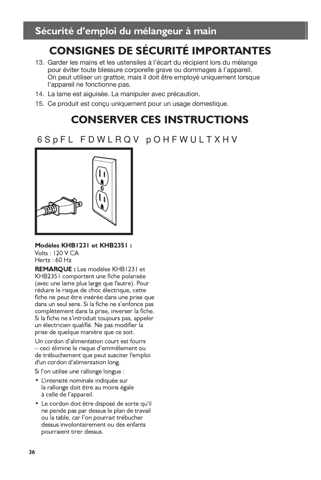 KitchenAid manual Spécifications électriques, Modèles KHB1231 et KHB2351 