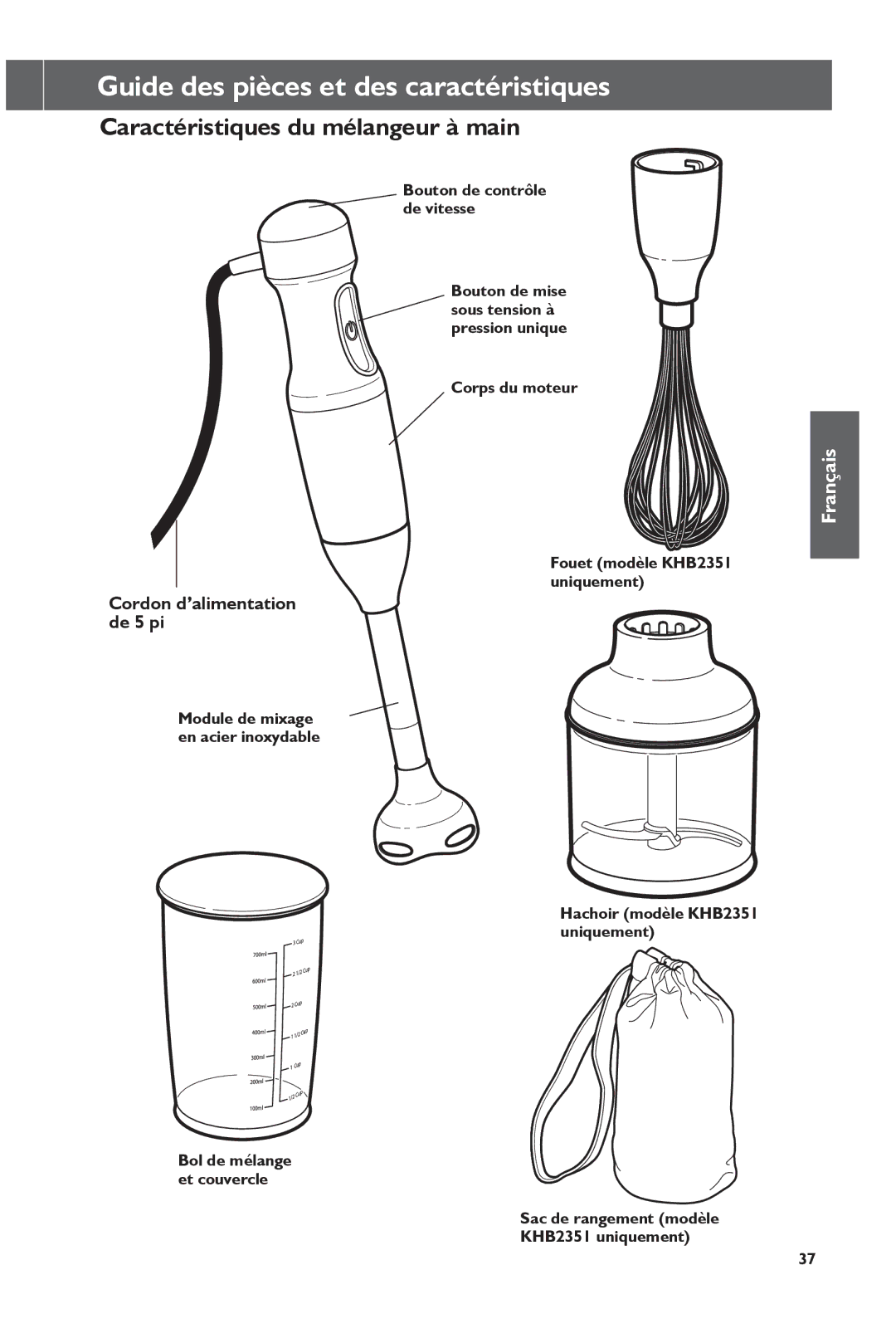 KitchenAid KHB1231, KHB2351 manual Guide des pièces et des caractéristiques, Caractéristiques du mélangeur à main 