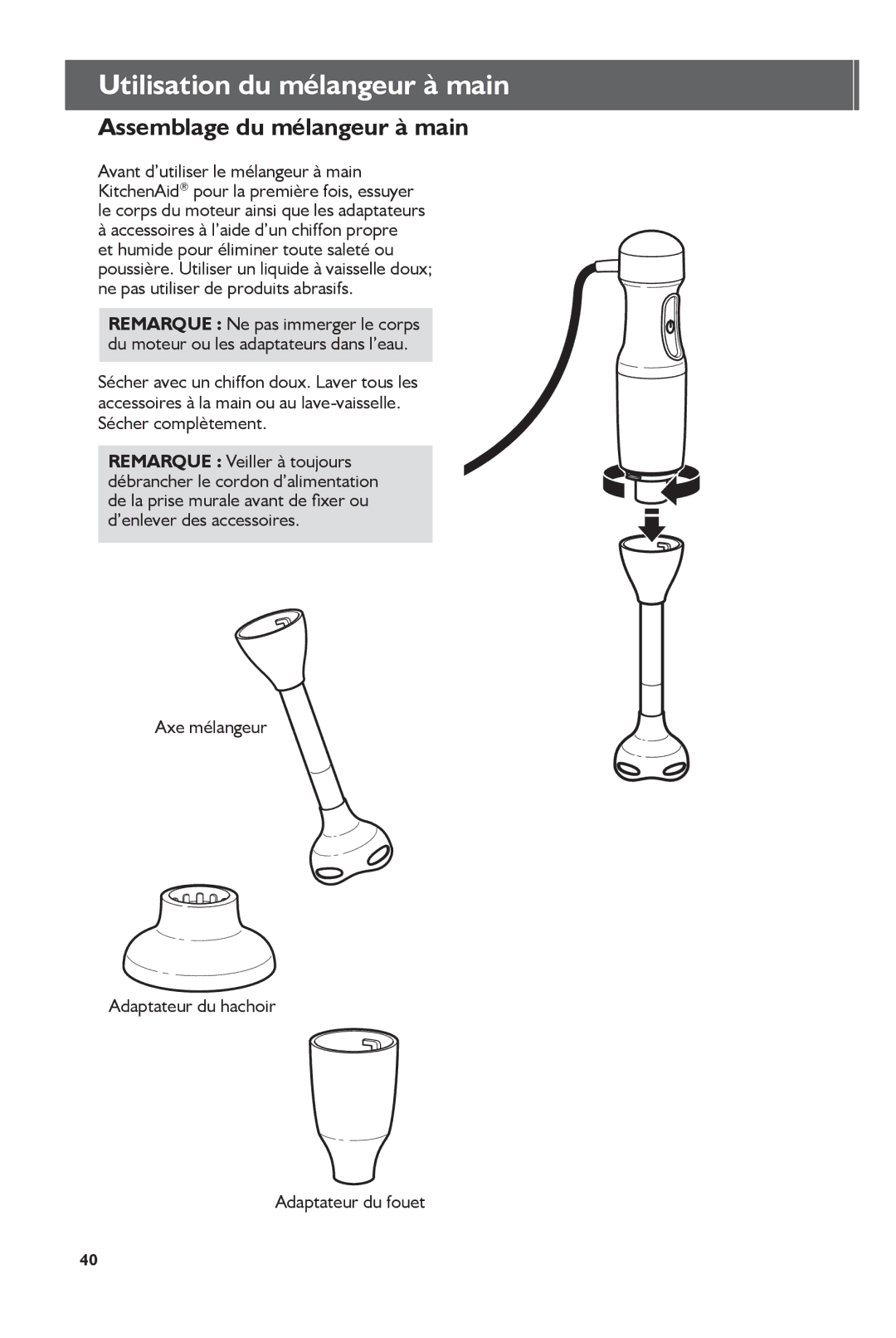 KitchenAid KHB2351, KHB1231 manual Utilisation du mélangeur à main, Assemblage du mélangeur à main 