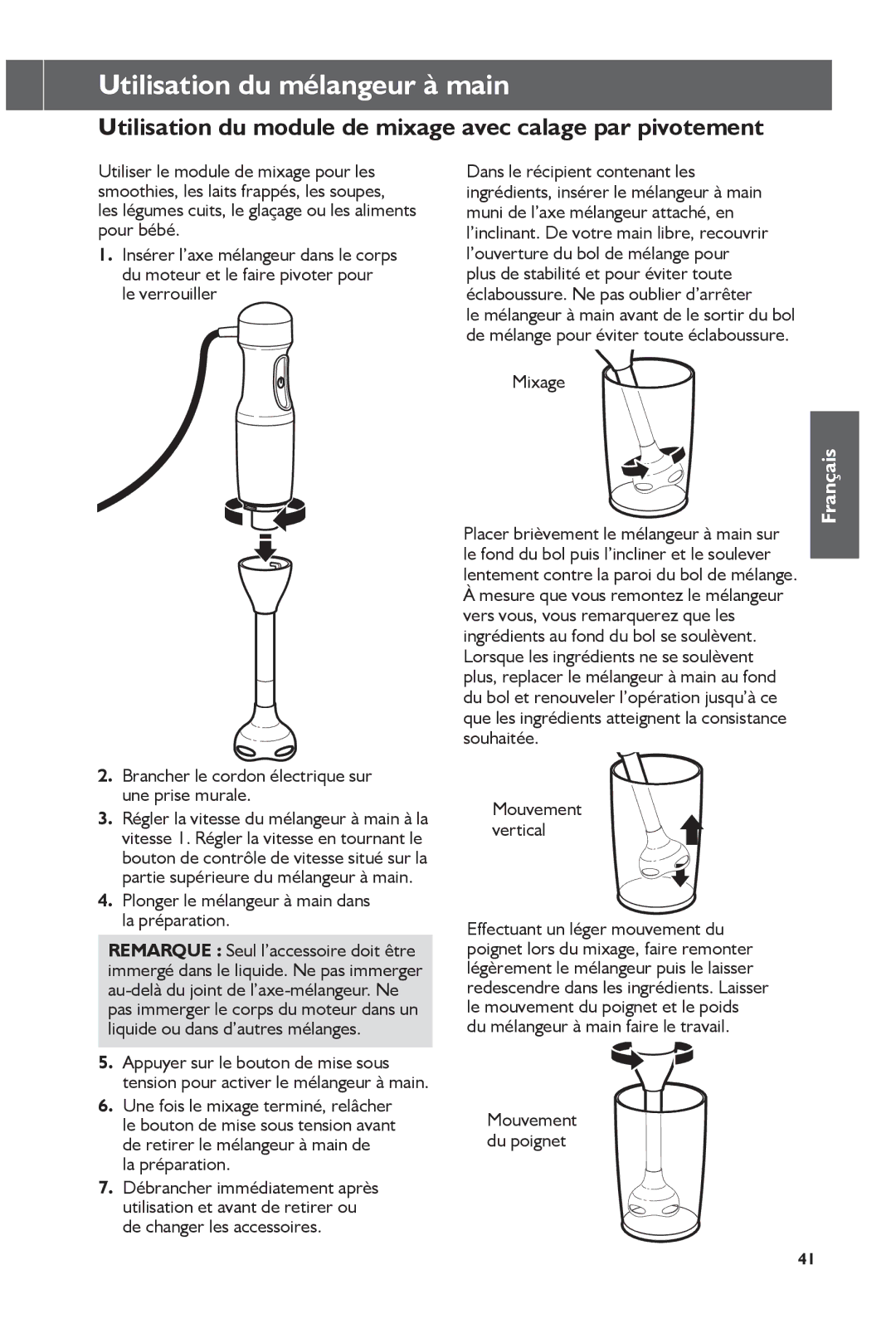 KitchenAid KHB1231, KHB2351 manual Utilisation du module de mixage avec calage par pivotement 