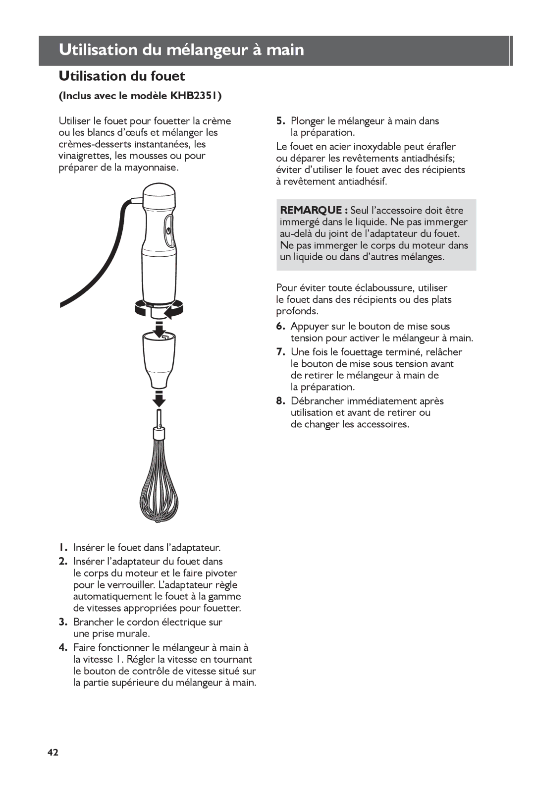 KitchenAid KHB1231 manual Utilisation du fouet, Inclus avec le modèle KHB2351, La préparation 