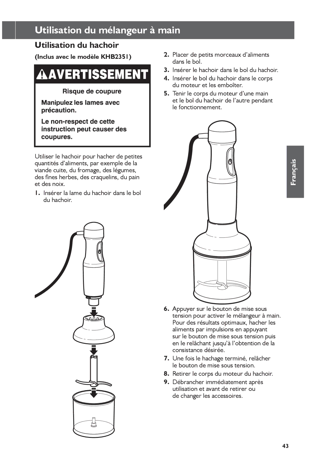 KitchenAid KHB1231, KHB2351 manual Utilisation du hachoir, Retirer le corps du moteur du hachoir 