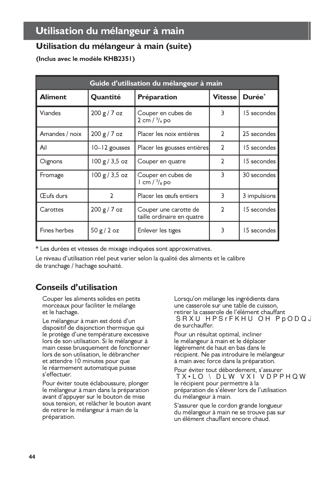 KitchenAid KHB2351, KHB1231 manual Utilisation du mélangeur à main suite, Conseils d’utilisation 