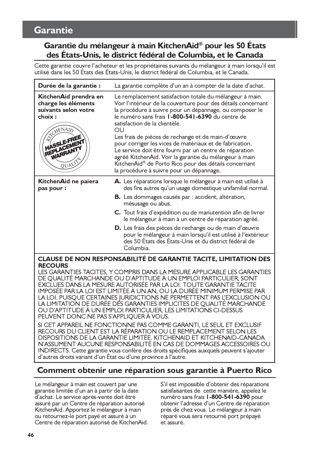 KitchenAid KHB2351, KHB1231 manual Garantie, Comment obtenir une réparation sous garantie à Puerto Rico 