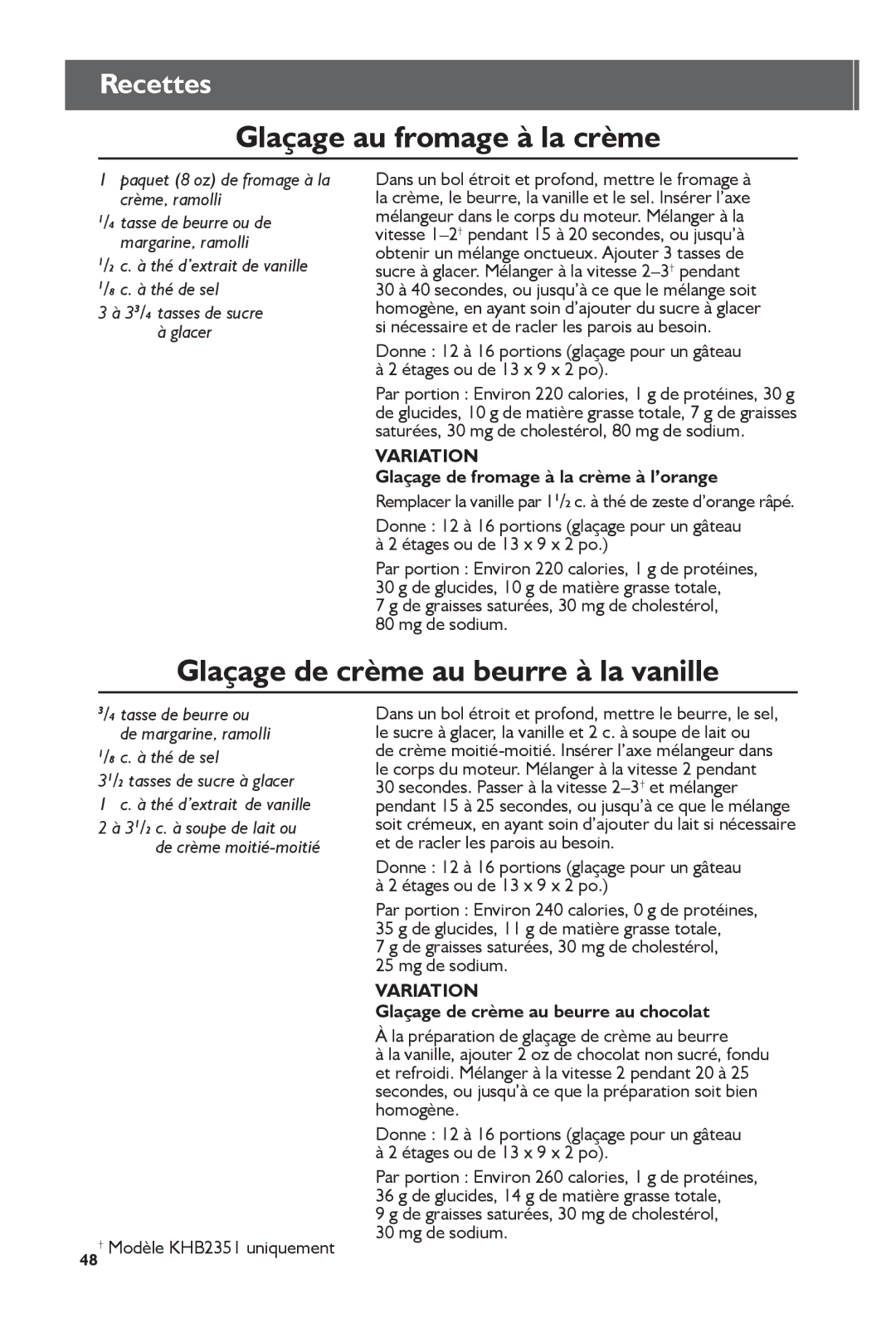 KitchenAid KHB2351, KHB1231 manual Glaçage au fromage à la crème, Glaçage de crème au beurre à la vanille, Recettes 