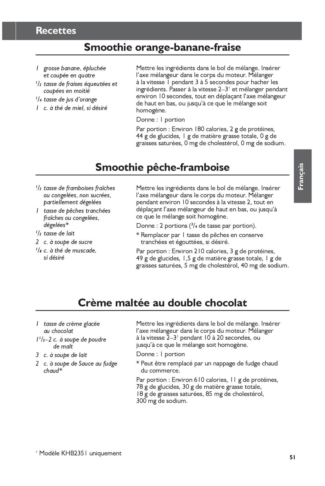 KitchenAid KHB1231, KHB2351 manual Smoothie orange-banane-fraise, Smoothie pêche-framboise, Crème maltée au double chocolat 