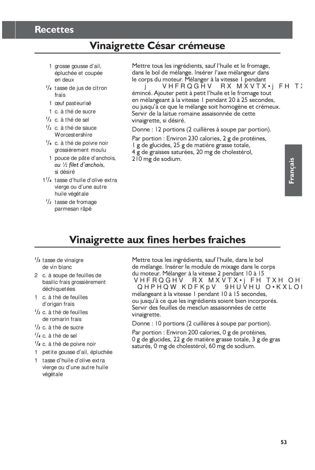 KitchenAid KHB1231, KHB2351 manual Vinaigrette César crémeuse, Vinaigrette aux fines herbes fraiches 