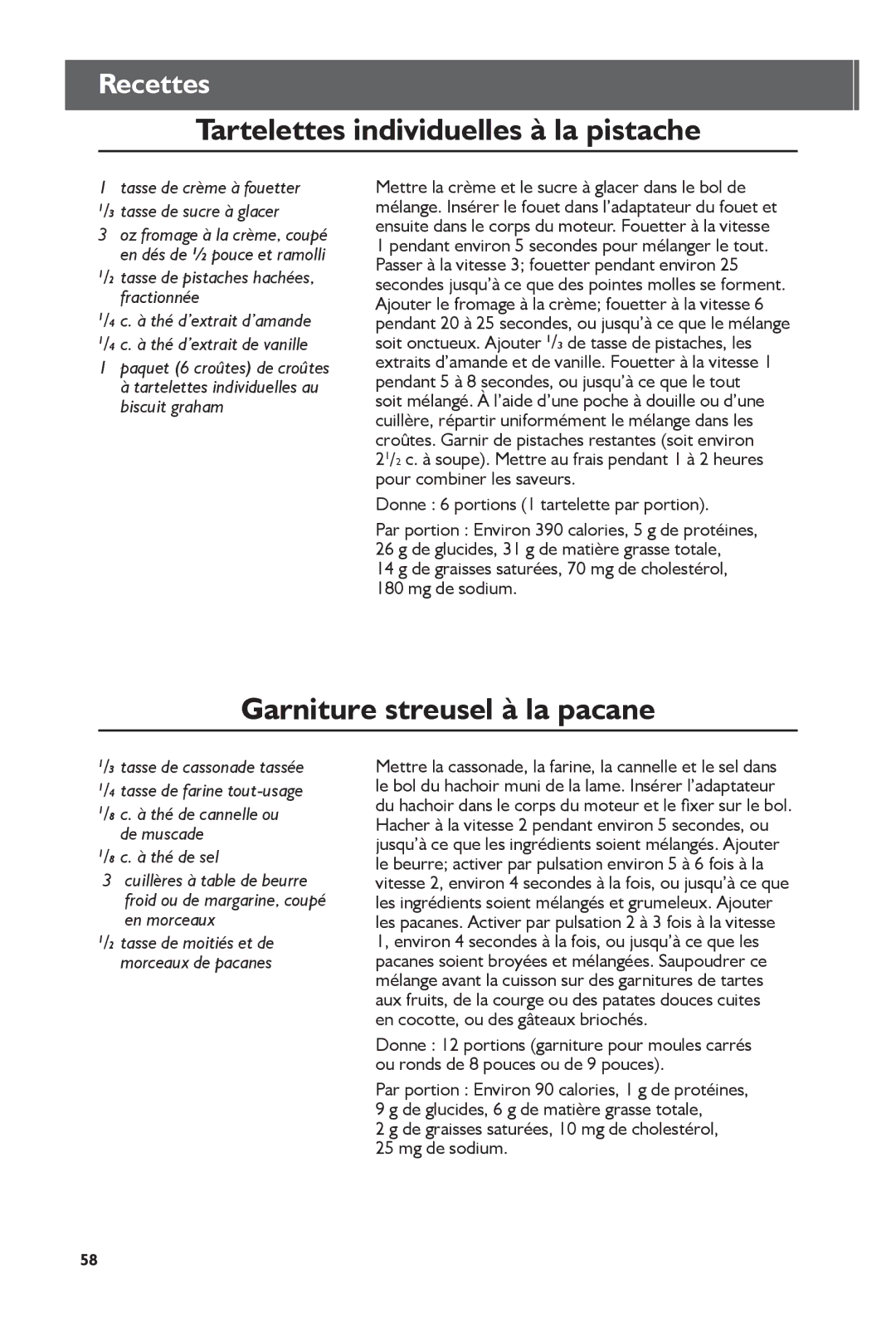 KitchenAid KHB2351, KHB1231 manual Tartelettes individuelles à la pistache, Garniture streusel à la pacane 