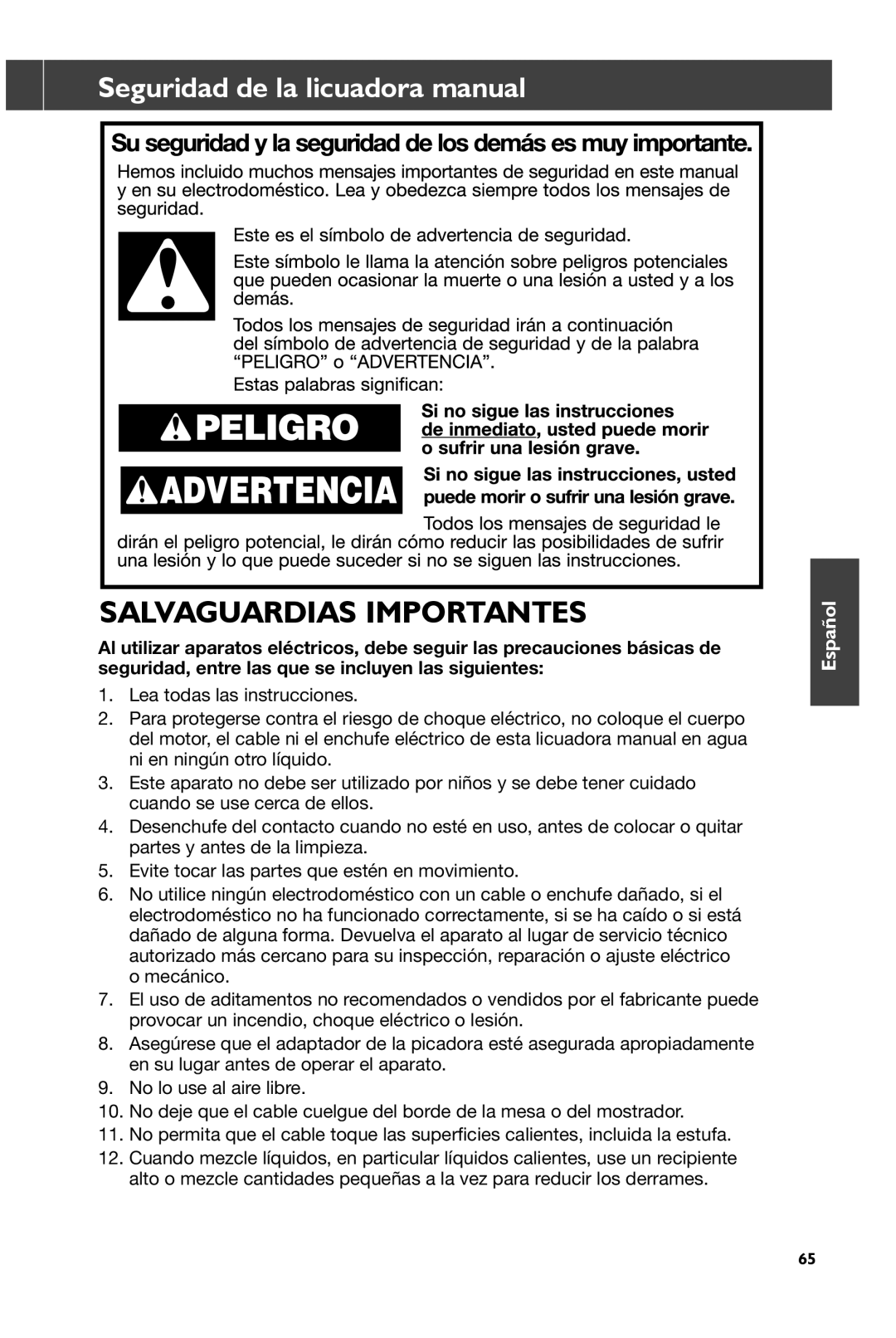 KitchenAid KHB1231, KHB2351 Salvaguardias Importantes, Seguridad de la licuadora manual 