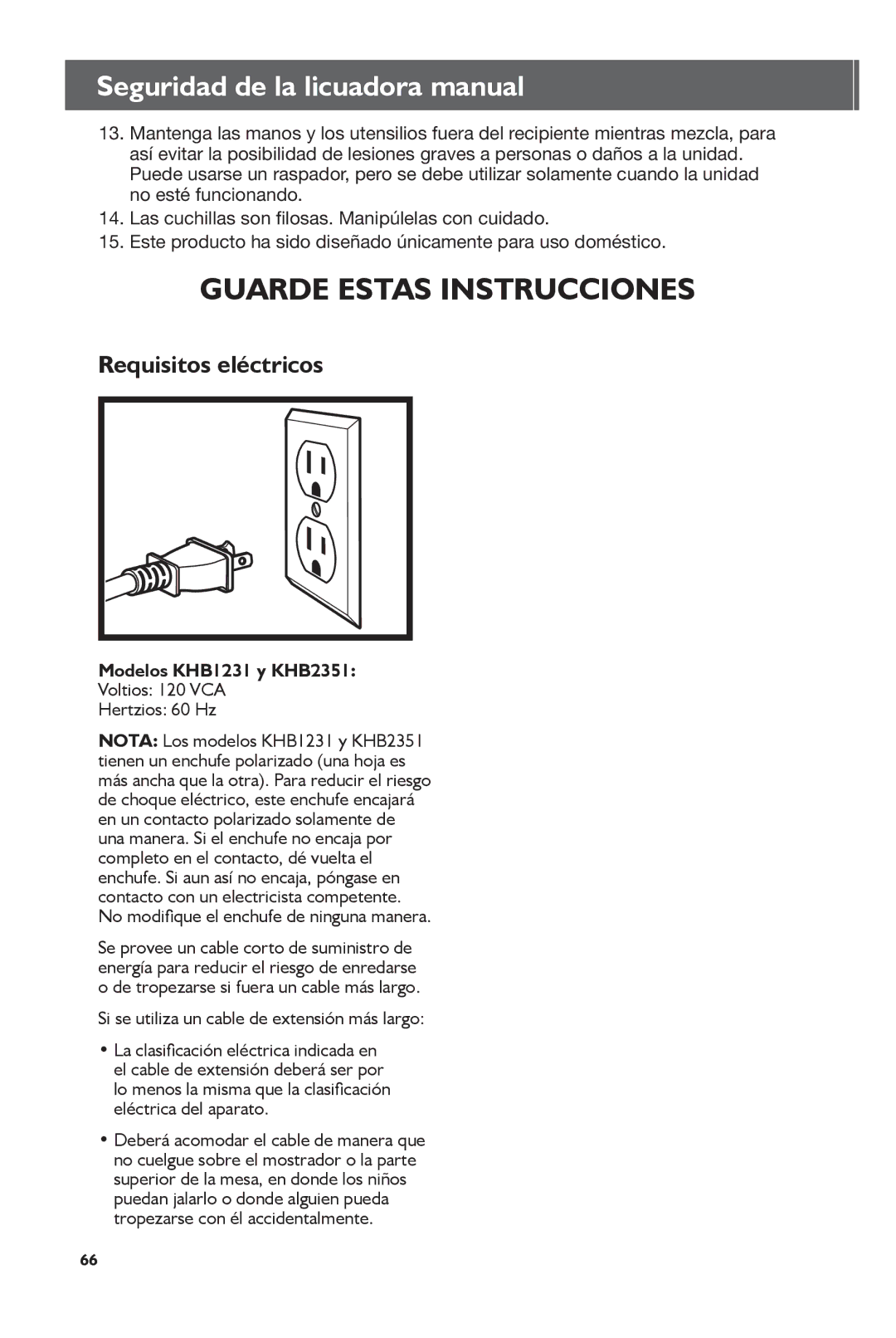 KitchenAid manual Requisitos eléctricos, Modelos KHB1231 y KHB2351, Voltios 120 VCA Hertzios 60 Hz 