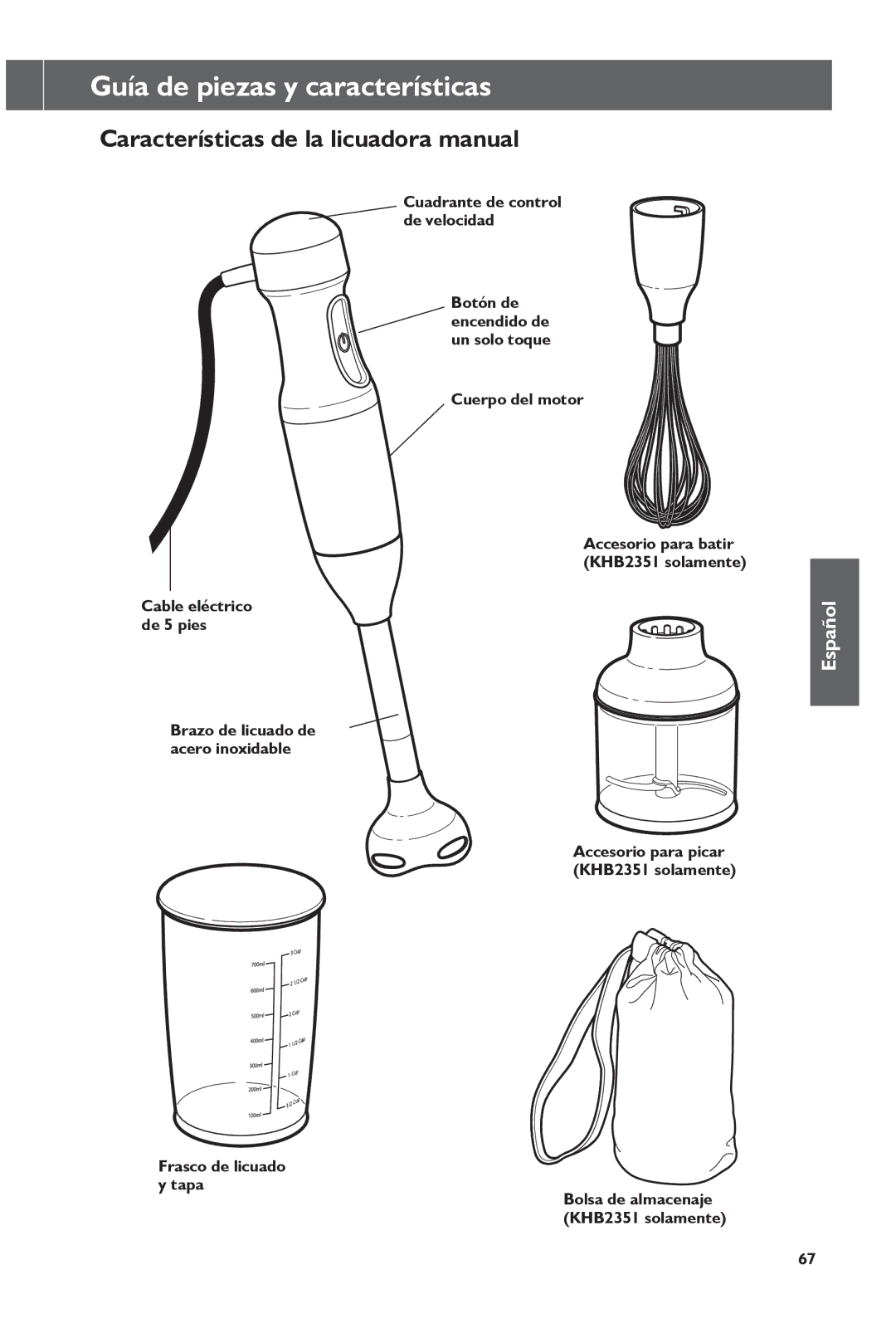 KitchenAid KHB1231, KHB2351 Guía de piezas y características, Características de la licuadora manual 