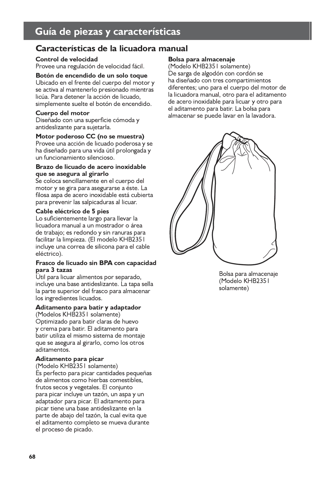 KitchenAid KHB2351, KHB1231 manual Control de velocidad, Cuerpo del motor, Cable eléctrico de 5 pies, Bolsa para almacenaje 