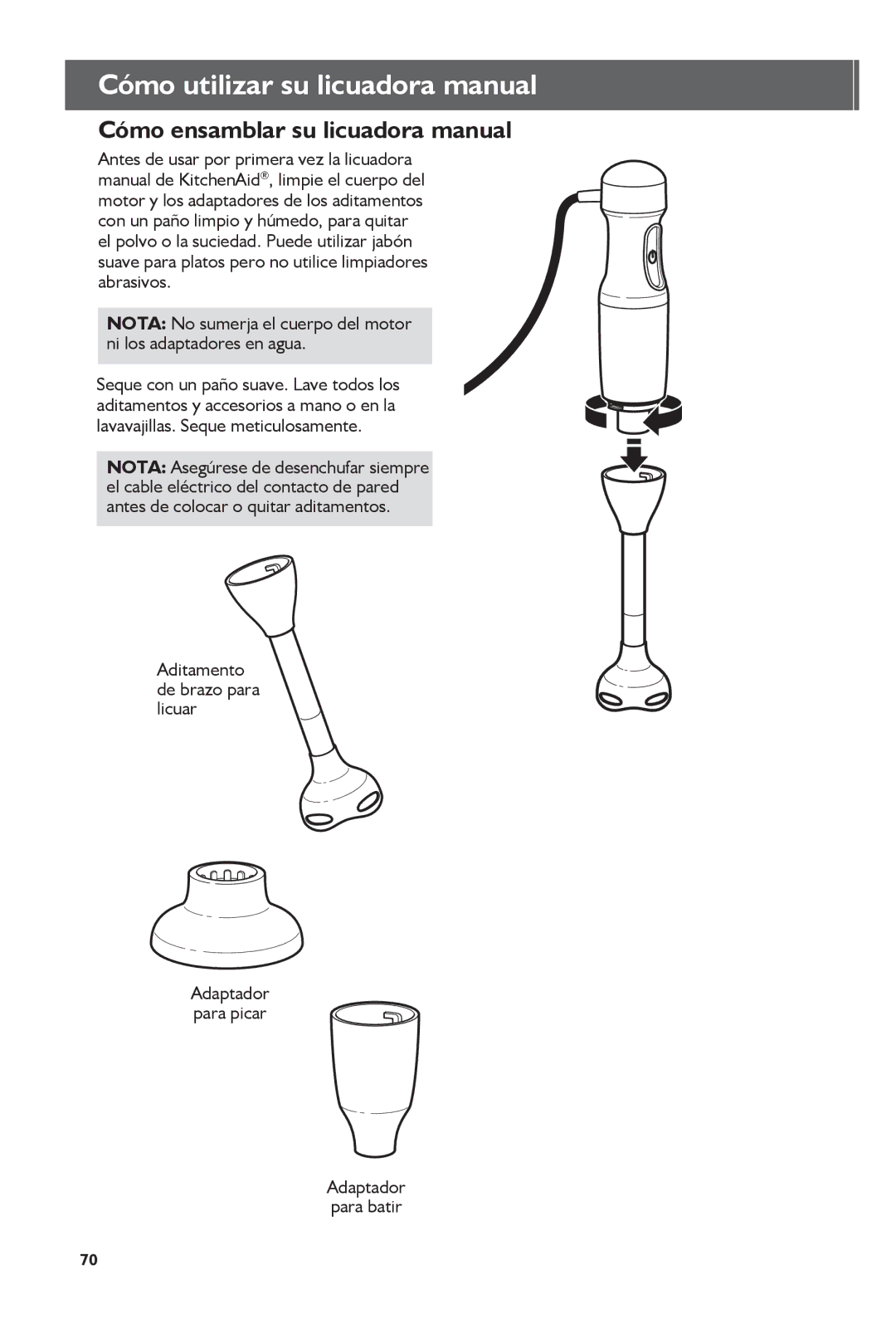 KitchenAid KHB2351, KHB1231 Cómo utilizar su licuadora manual, Cómo ensamblar su licuadora manual 