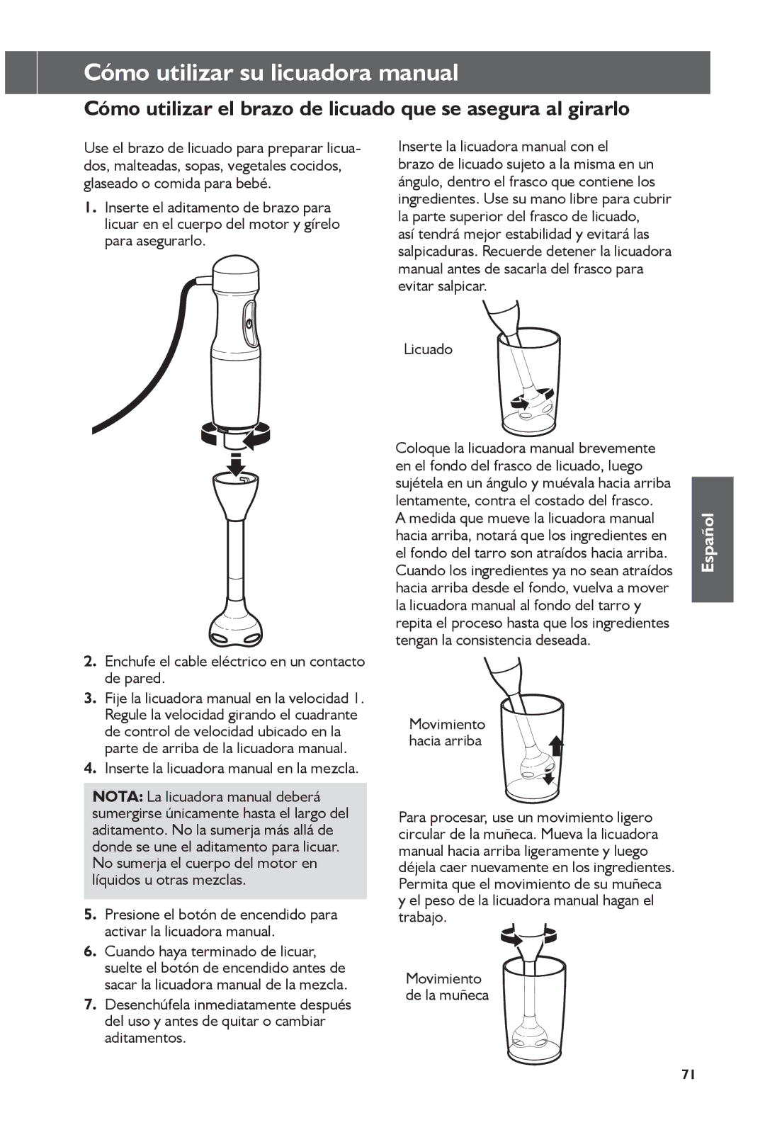 KitchenAid KHB1231, KHB2351 manual Cómo utilizar el brazo de licuado que se asegura al girarlo 