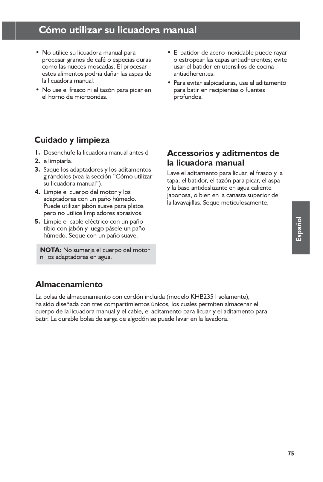 KitchenAid KHB1231, KHB2351 Cuidado y limpieza, Desenchufe la licuadora manual antes d Limpiarla 