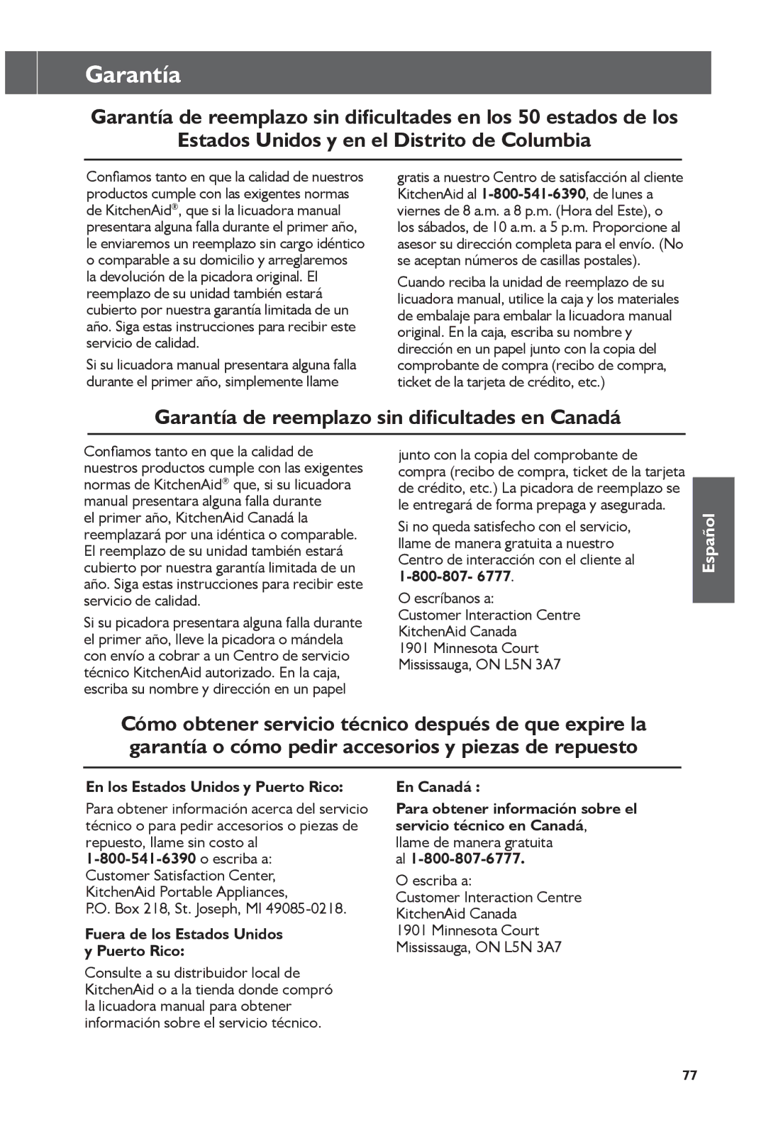 KitchenAid KHB1231 Garantía de reemplazo sin dificultades en Canadá, Escríbanos a, En los Estados Unidos y Puerto Rico 