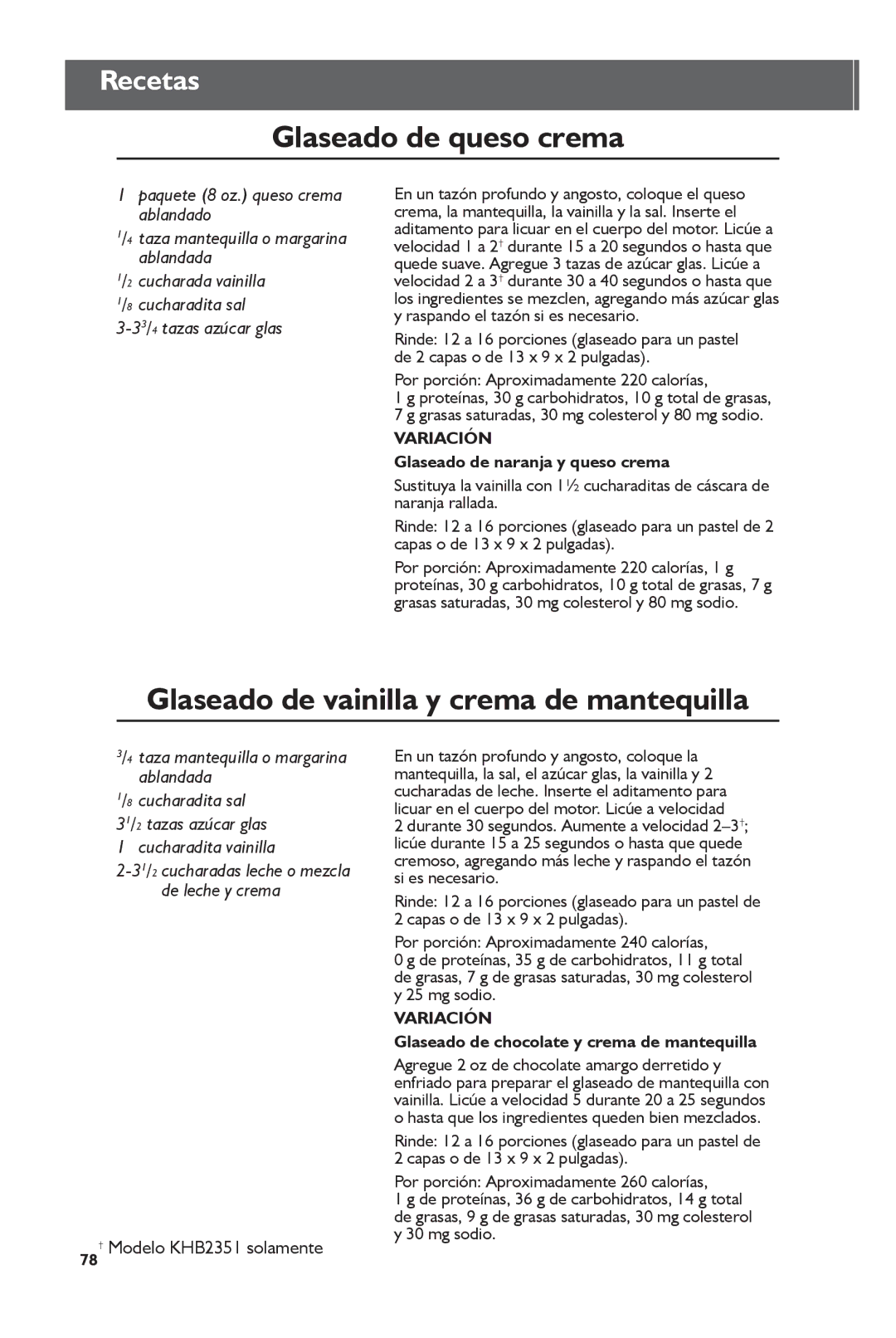 KitchenAid KHB2351, KHB1231 manual Glaseado de queso crema, Glaseado de vainilla y crema de mantequilla, Recetas 