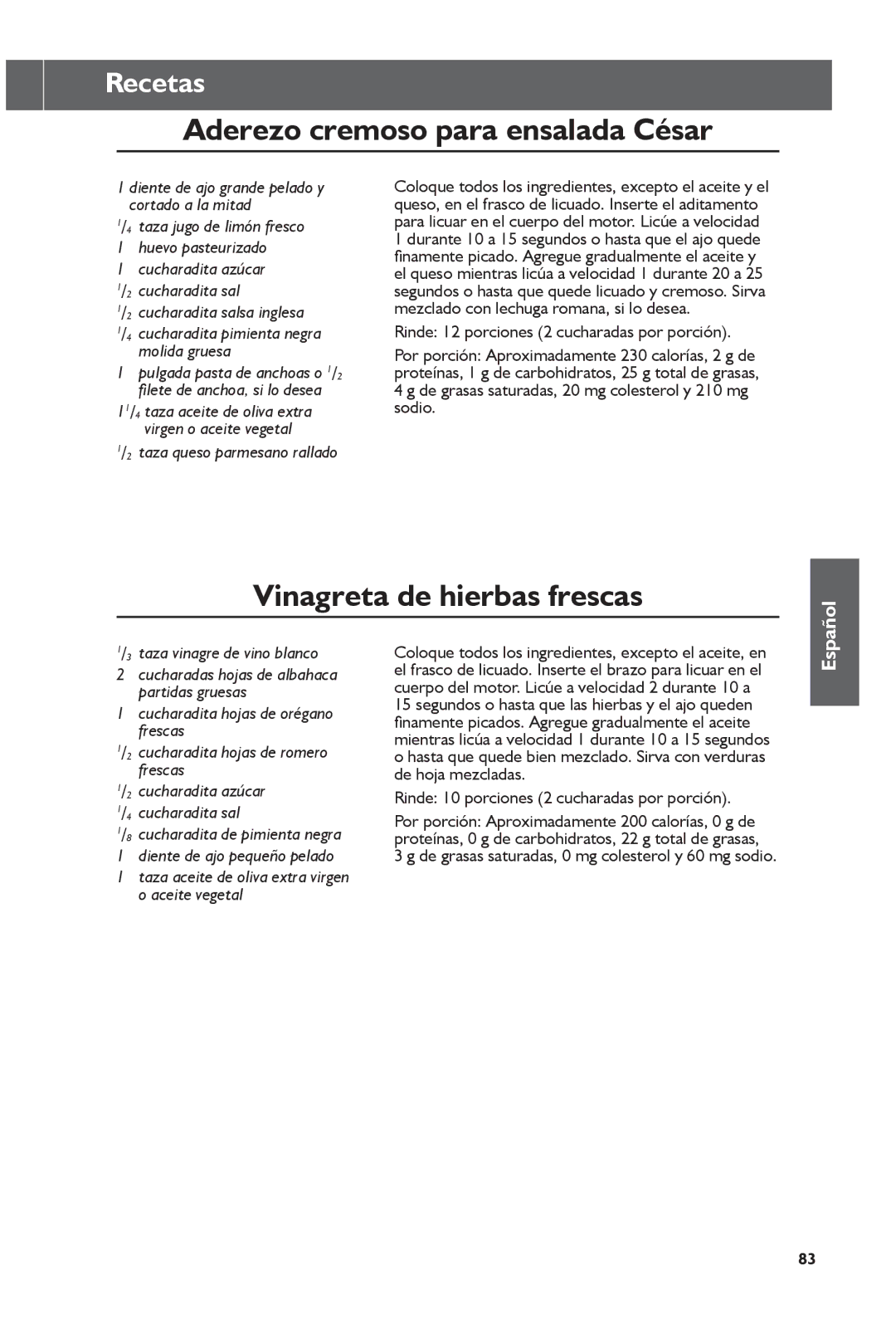 KitchenAid KHB1231 manual Aderezo cremoso para ensalada César, Vinagreta de hierbas frescas, Taza queso parmesano rallado 