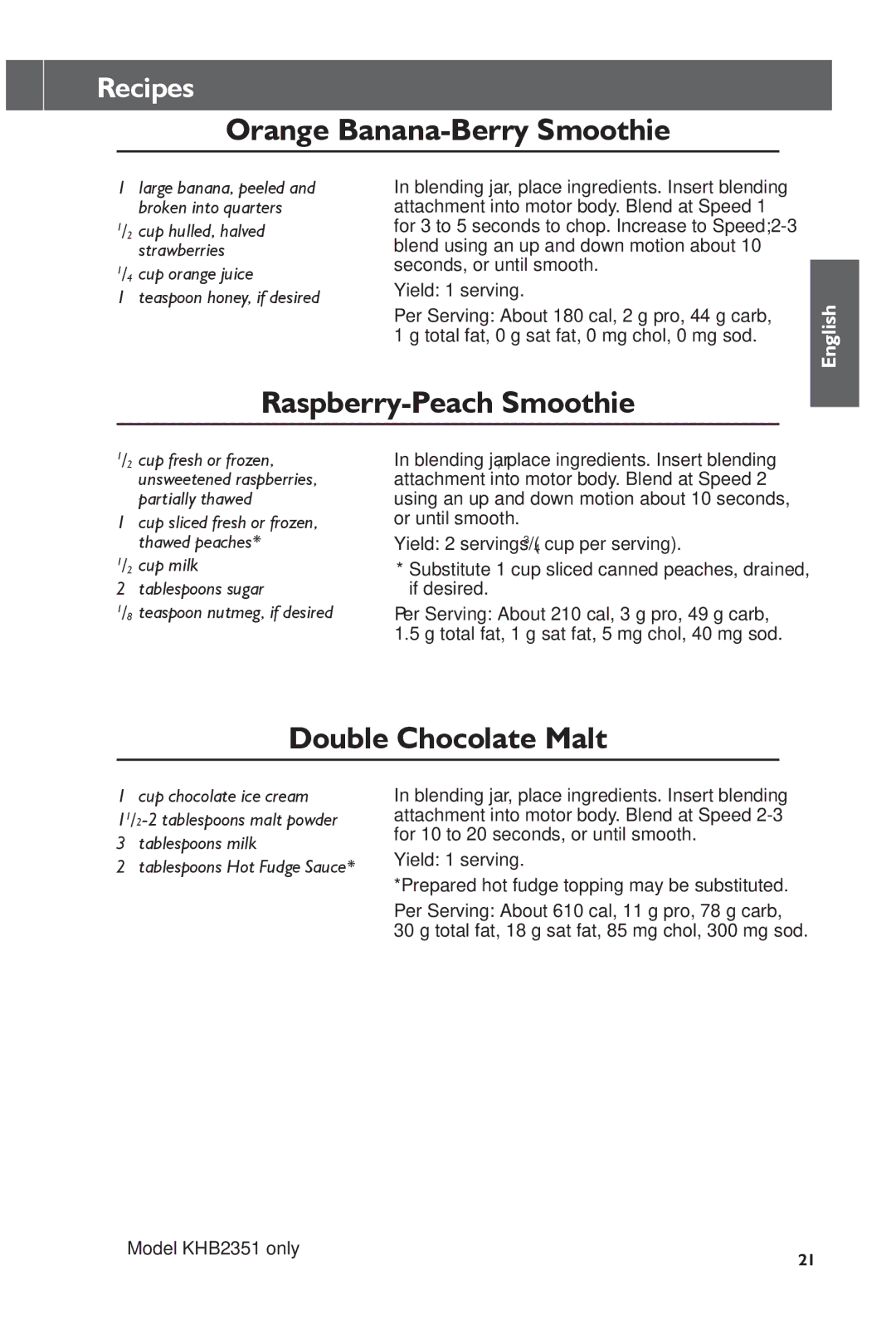 KitchenAid KHB1231, KHB2351 manual Orange Banana-Berry Smoothie, Raspberry-Peach Smoothie, Double Chocolate Malt 