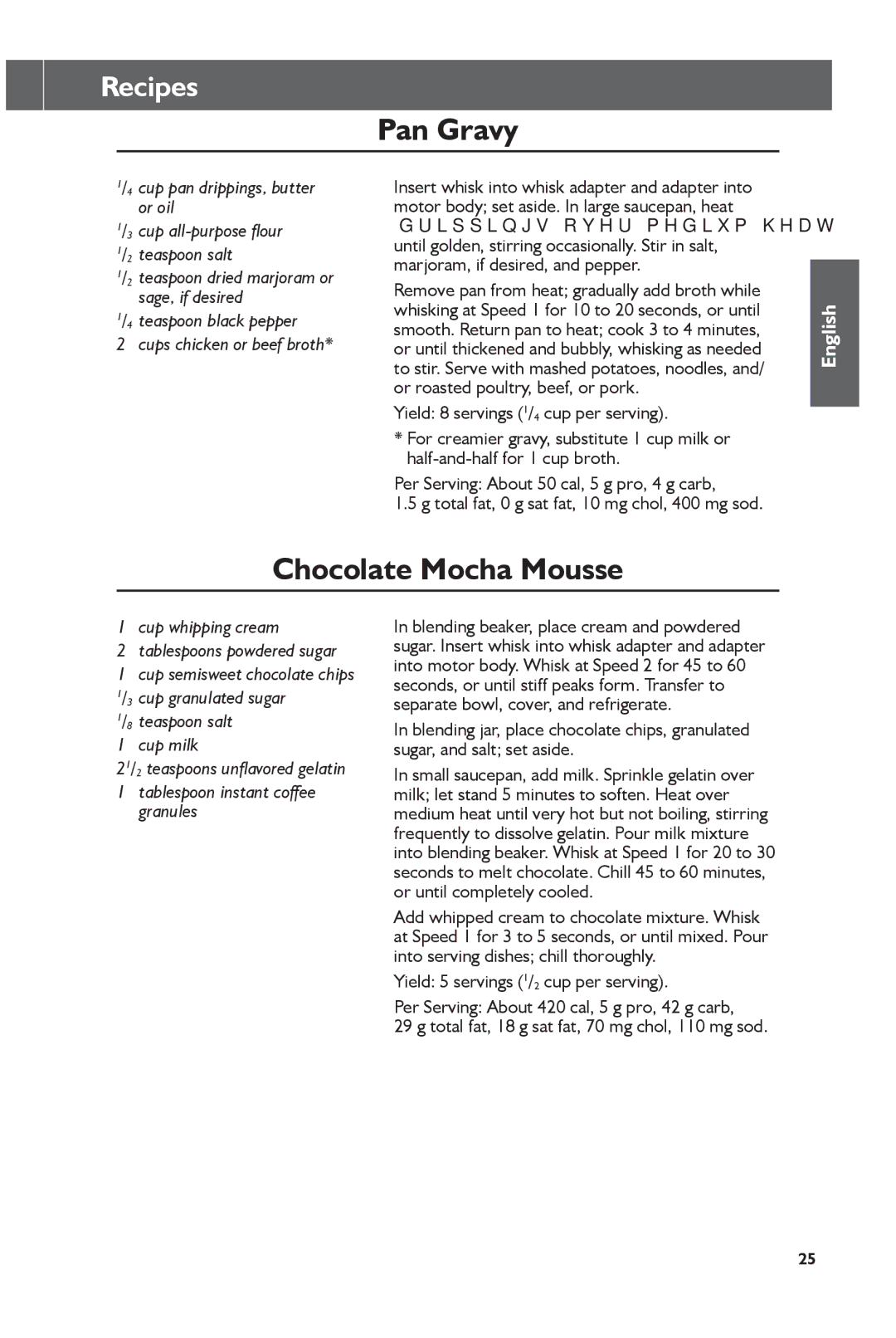 KitchenAid KHB1231, KHB2351 manual Pan Gravy, Chocolate Mocha Mousse, Teaspoon black pepper Cups chicken or beef broth 