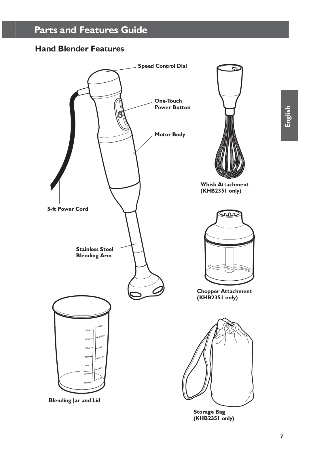 KitchenAid KHB1231, KHB2351 manual Parts and Features Guide, Hand Blender Features 