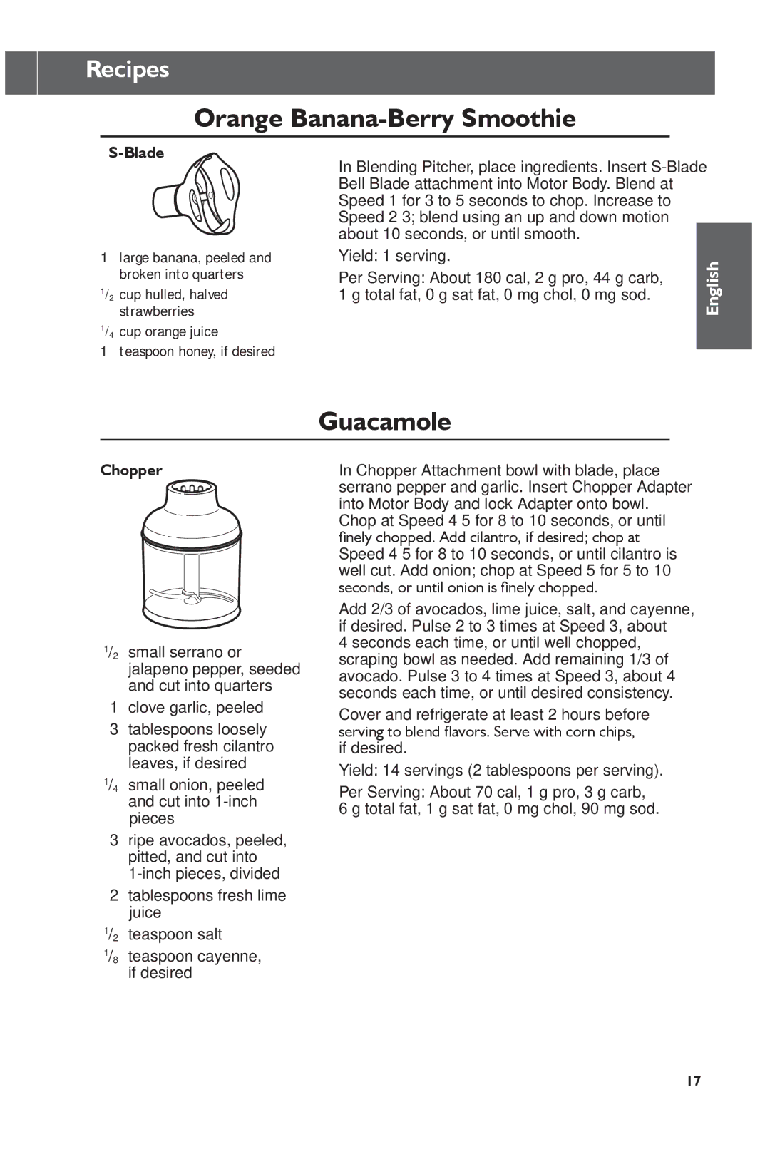 KitchenAid KHB2561CU, KHB2561OB manual Orange Banana-Berry Smoothie, Guacamole, Recipes, Chopper 